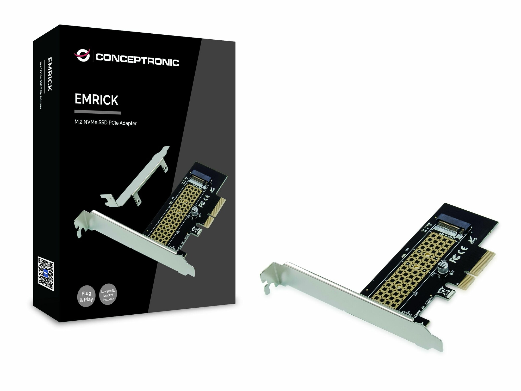 Conceptronic EMRICK M.2-NVMe-SSD-PCIe-Adapter, PCIe, M.2, PCIe 3.0, Schwarz, Edelstahl, Passiv, China