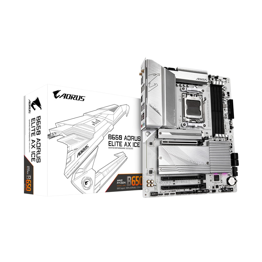 Gigabyte B650 AORUS ELITE AX ICE - Motherboard - ATX - Socket AM5 - AMD B650 Chipsatz - USB-C 3.2 Gen2, USB 3.2 Gen 2, USB 3.2 Gen 1, USB-C 3.2 Gen 2x2 - 2.5 Gigabit LAN, Wi-Fi 6E, Bluetooth - Onboard-Grafik (CPU erforderlich)