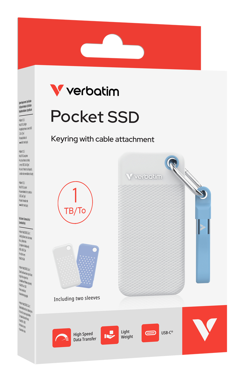 Verbatim Pocket SSD, 1 TB, USB Typ-C, 3.2 Gen 2 (3.1 Gen 2), 10000 MB/s, 10 Gbit/s, Blau, Weiß Verbatim Pocket SSD, 1 TB, USB Typ-C, 3.2 Gen 2 (3.1 Gen 2), 10000 MB/s, 10 Gbit/s, Blau, Weiß