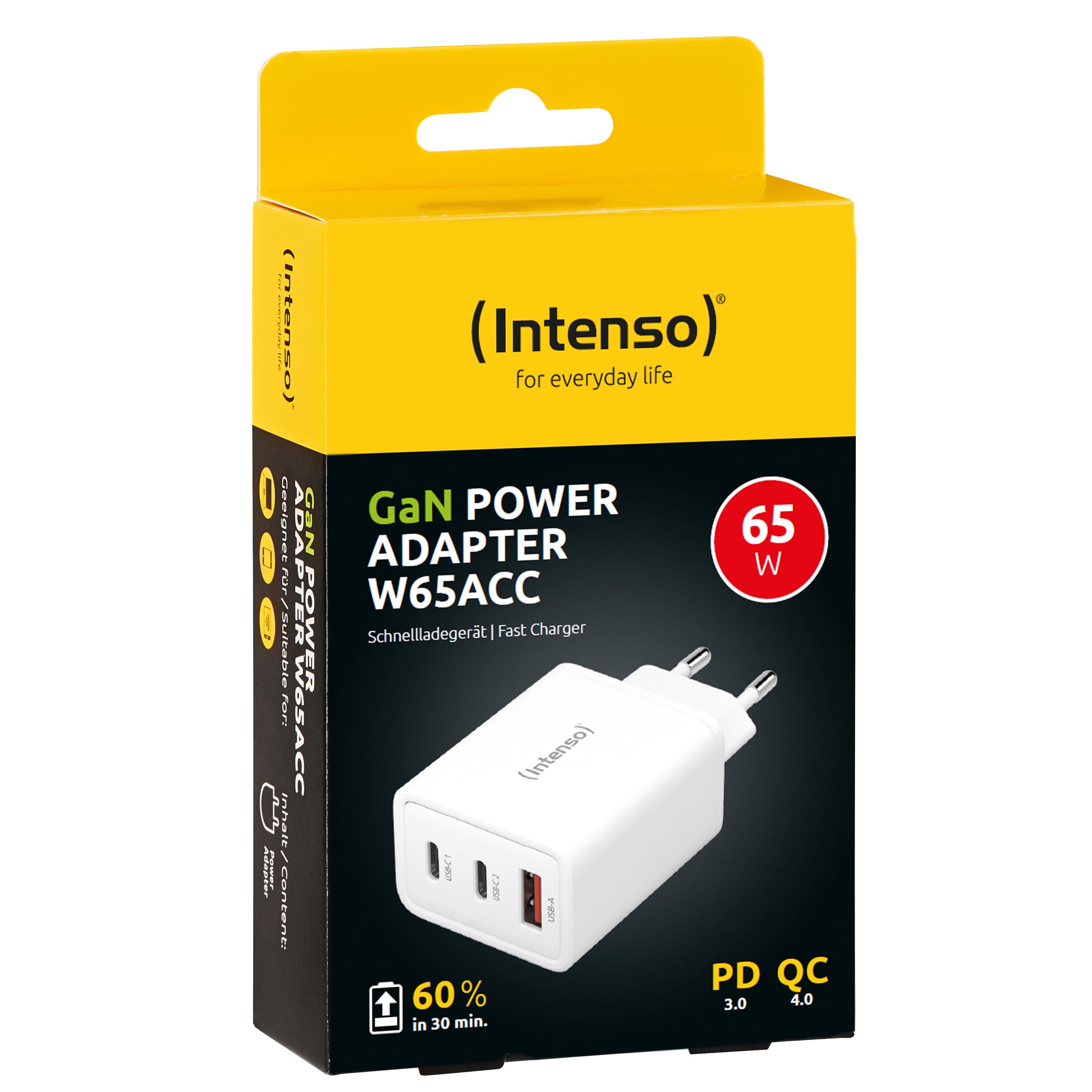 Intenso W65ACC - Netzteil - GaN - 65 Watt - PD 3.0, PD/PPS, QC 4.0 - 3 Ausgabeanschlussstellen (2 x USB-C, USB Typ A)