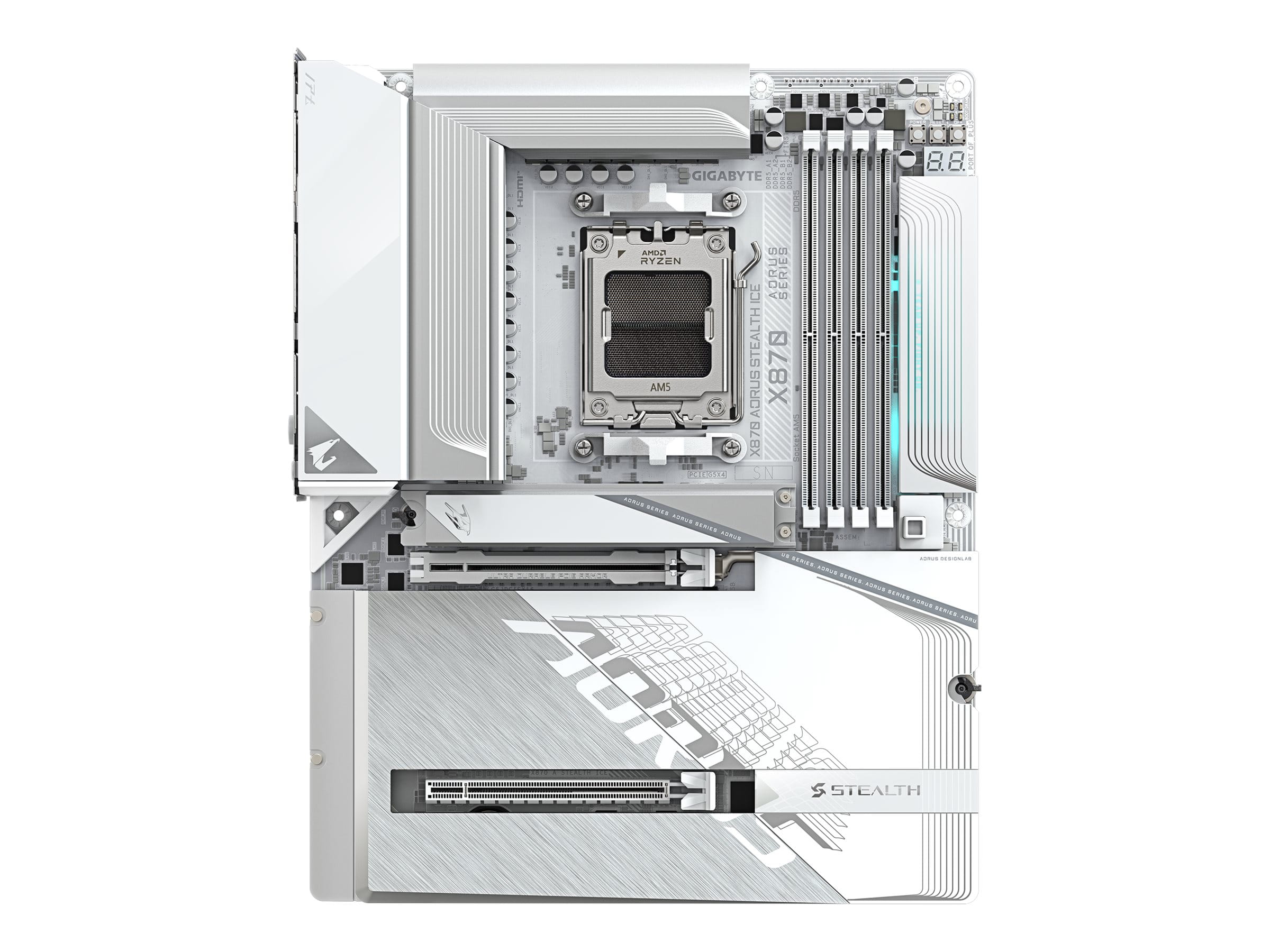 Gigabyte AORUS X870 STEALTH ICE - Motherboard - ATX - Socket AM5 - AMD X870 Chipsatz - USB-C 3.2 Gen 2x2, USB 3.2 Gen 2, USB 3.2 Gen 1 - Wi-Fi 7, Bluetooth, 5 Gigabit Ethernet - Onboard-Grafik (CPU erforderlich)