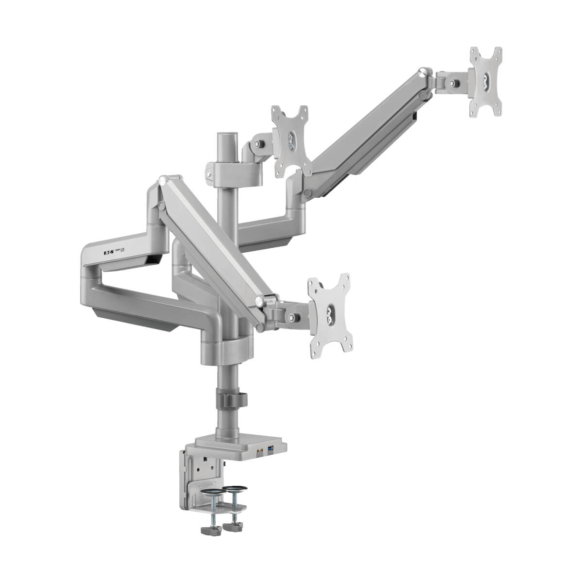 Tripp Eaton Tripp Lite Series Triple-Display Flex-Arm Desktop Clamp for 17" to 30" Flat-Screen Displays - USB and Audio Ports, Aluminum - Befestigungskit - vollbeweglicher einstellbarer Arm - für 3 Monitore - Aluminium, Stahl - Silber - Bildschirmgröß
