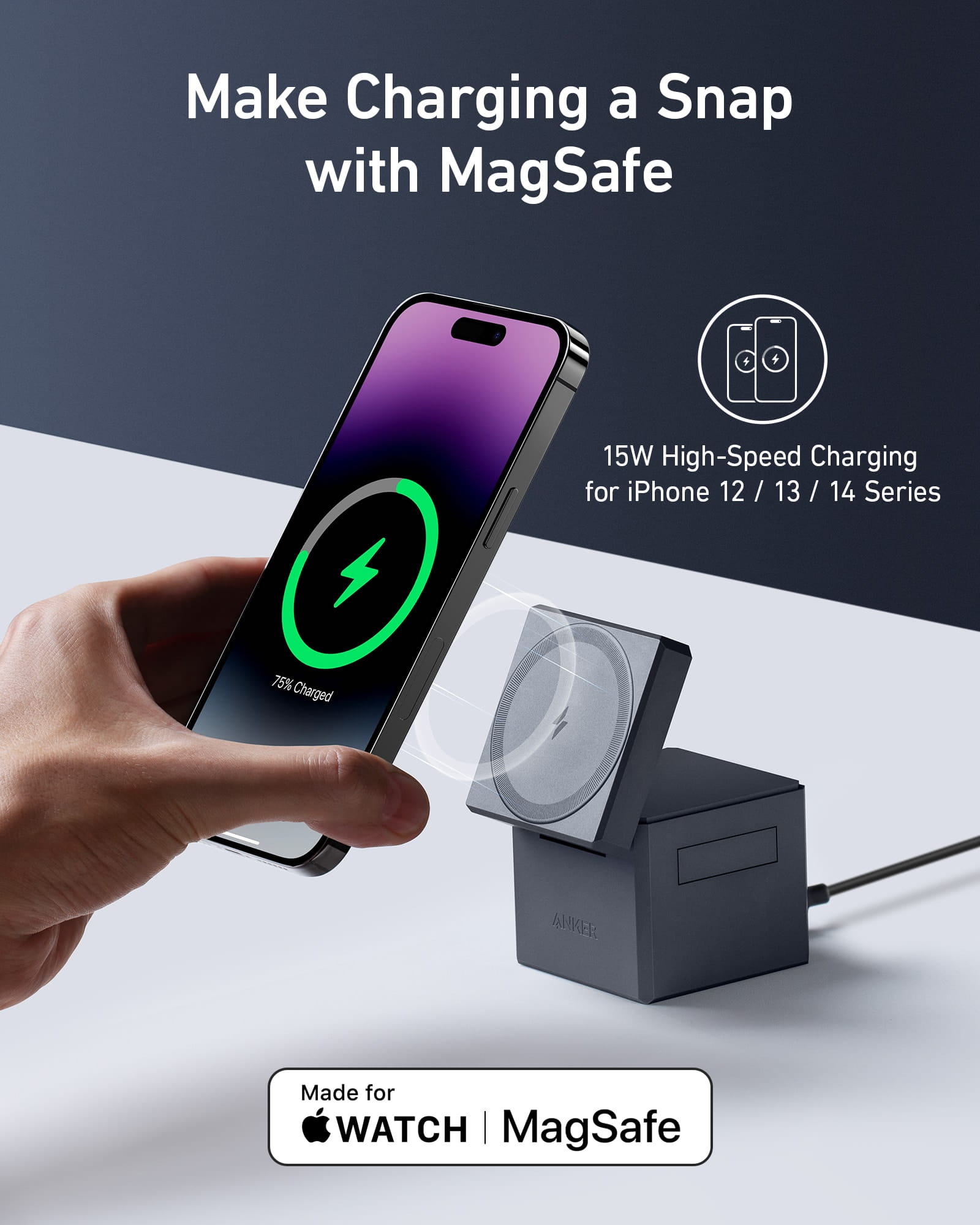 ANKER 3-in-1 Cube - Kabelloses Ladegerät - mit MagSafe + AC-Netzteil