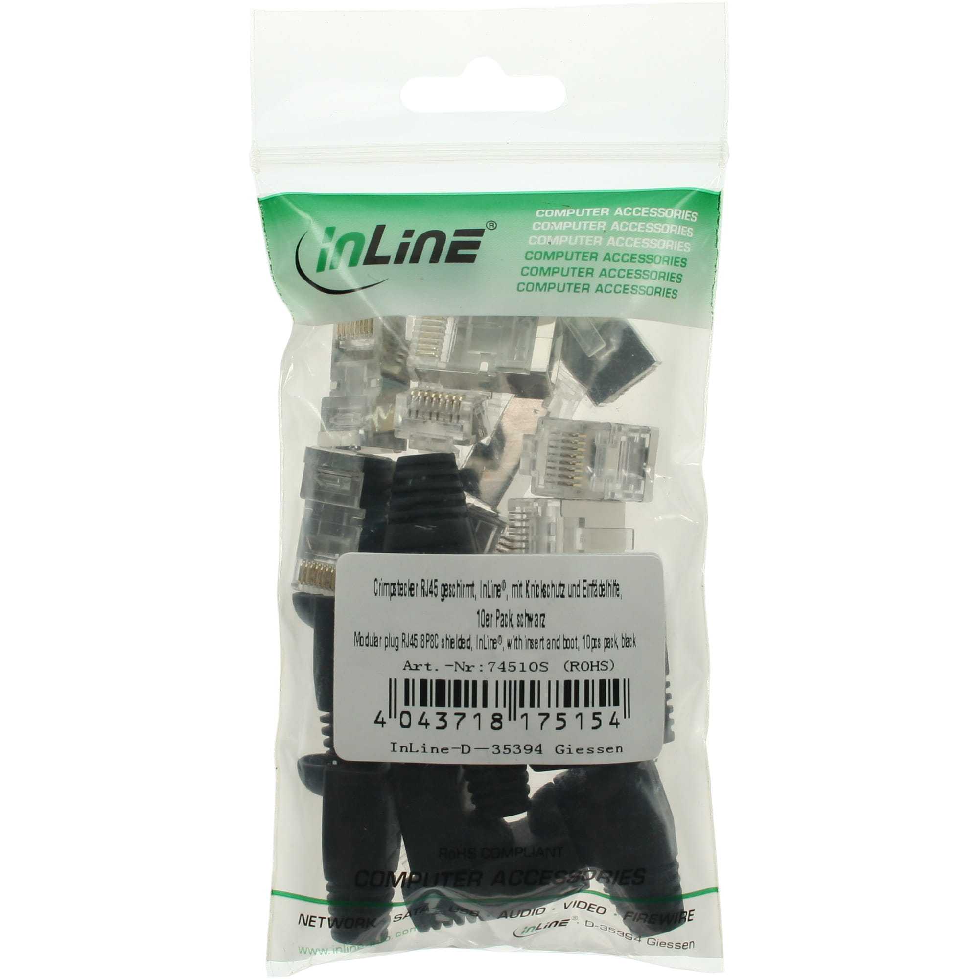 InLine Crimpstecker RJ45 geschirmt - Knickschutz schwarz Einfädelhilfe 10er Pack
