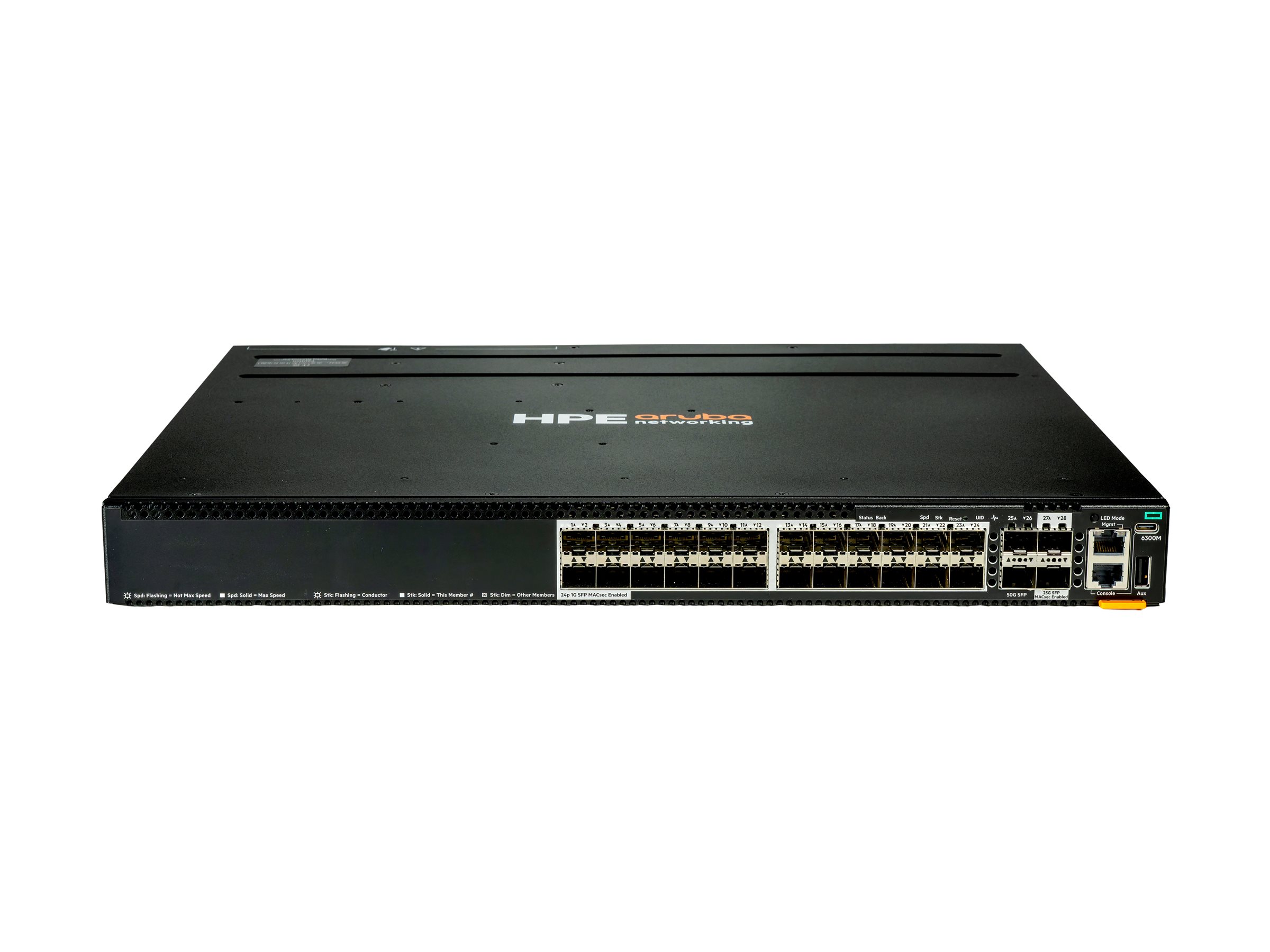HPE Aruba Networking CX 6300M 24p SFP 1G 2p SFP56 50G 2p SFP28 25G MACsec - Switch - L3 - managed - 24 x Gigabit SFP + 2 x 10 Gigabit / 25 Gigabit SFP28 + 2 x 10 Gigabit / 25 Gigabit / 50 Gigabit SFP56 (uplink / stacking)