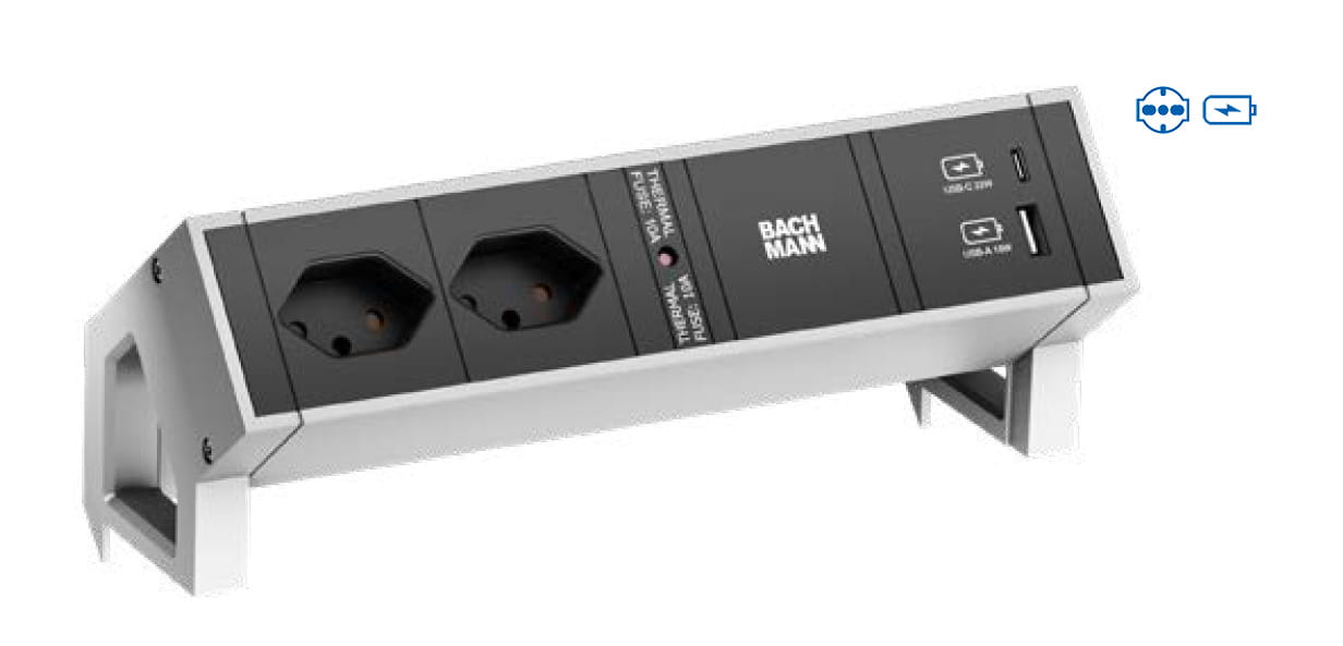 Bachmann DESK 2 - Steckdosenleiste - included mounting bracket - Eingabe, Eingang GST18 - Ausgangsanschlüsse: 2 (2 x CEI 23-50 P 40, 24 pin USB-C, USB)
