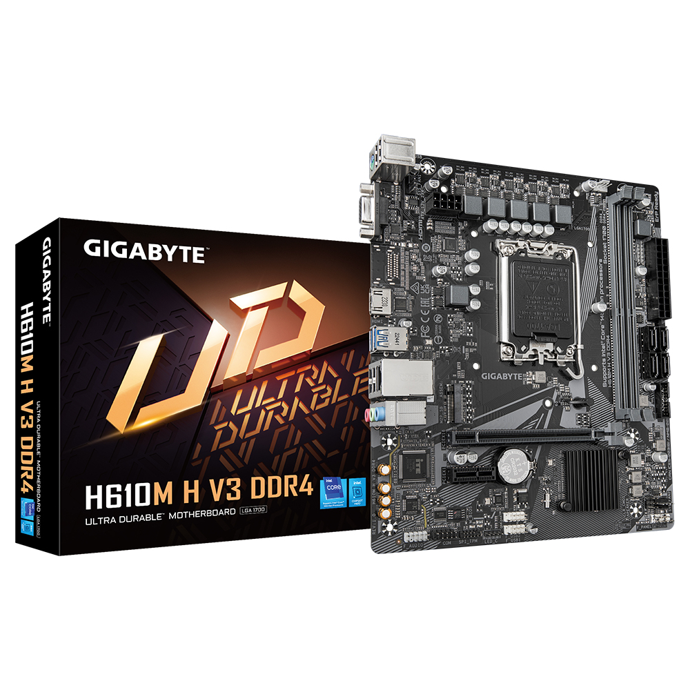 Gigabyte H610M H V3 DDR4 Mainboard - Unterstützt Intel Core Prozessoren 14th CPUs, 4+1+1 Hybrid Phases Digital VRM, up to 3200MHz DDR4, 1xPCIe 3.0 M.2, GbE LAN, USB 3.2 Gen 1, Intel, LGA 1700, Intel® Celeron®, Intel® Core™ i3, Intel® Core™ i5, I
