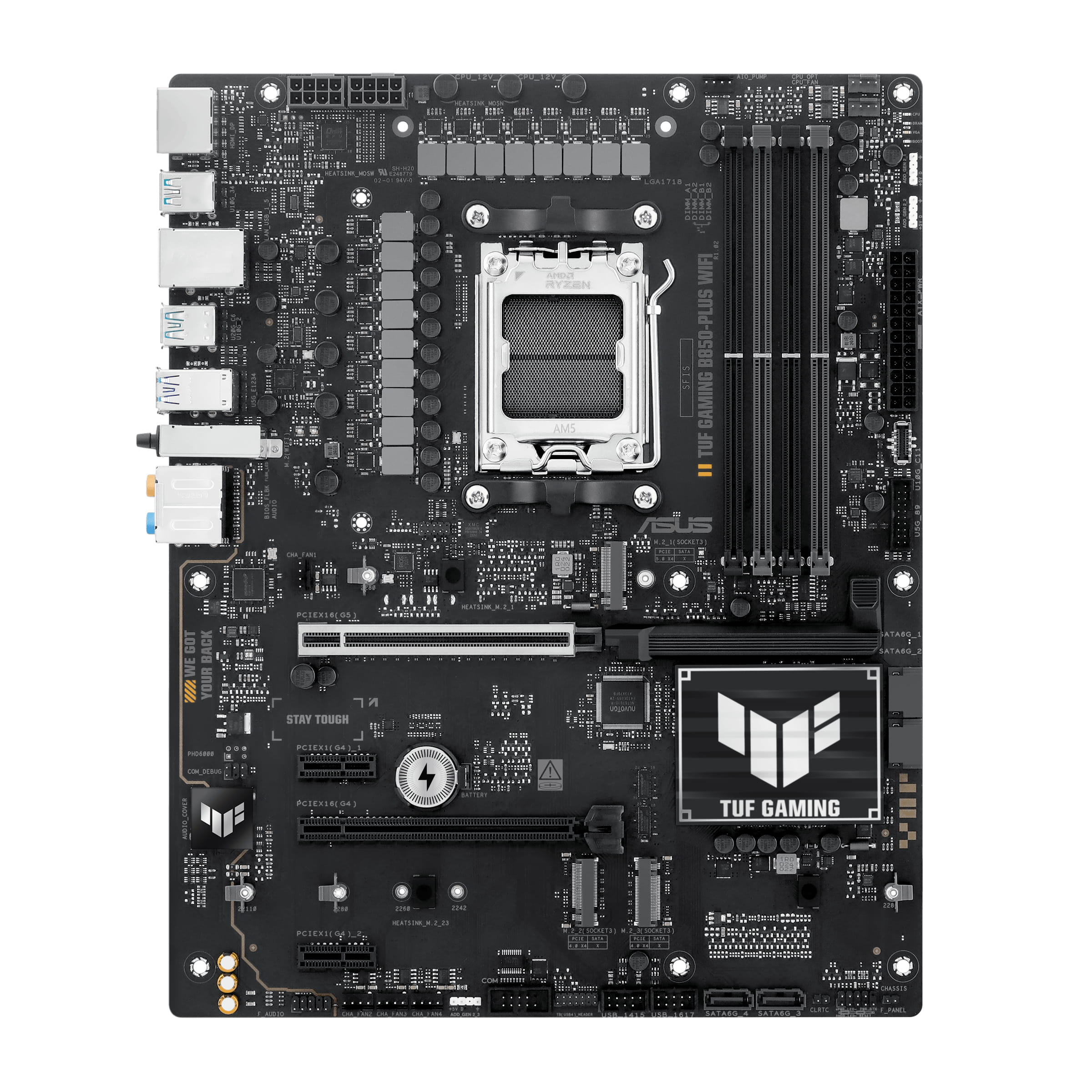 ASUS TUF GAMING B850-PLUS WIFI - Motherboard - ATX - Socket AM5 - AMD B850 Chipsatz - USB-C 3.2 Gen 2x2, USB-C 3.2 Gen2, USB 3.2 Gen 2, USB 3.2 Gen 1 - 2.5 Gigabit LAN, Wi-Fi 7, Bluetooth - Onboard-Grafik (CPU erforderlich)