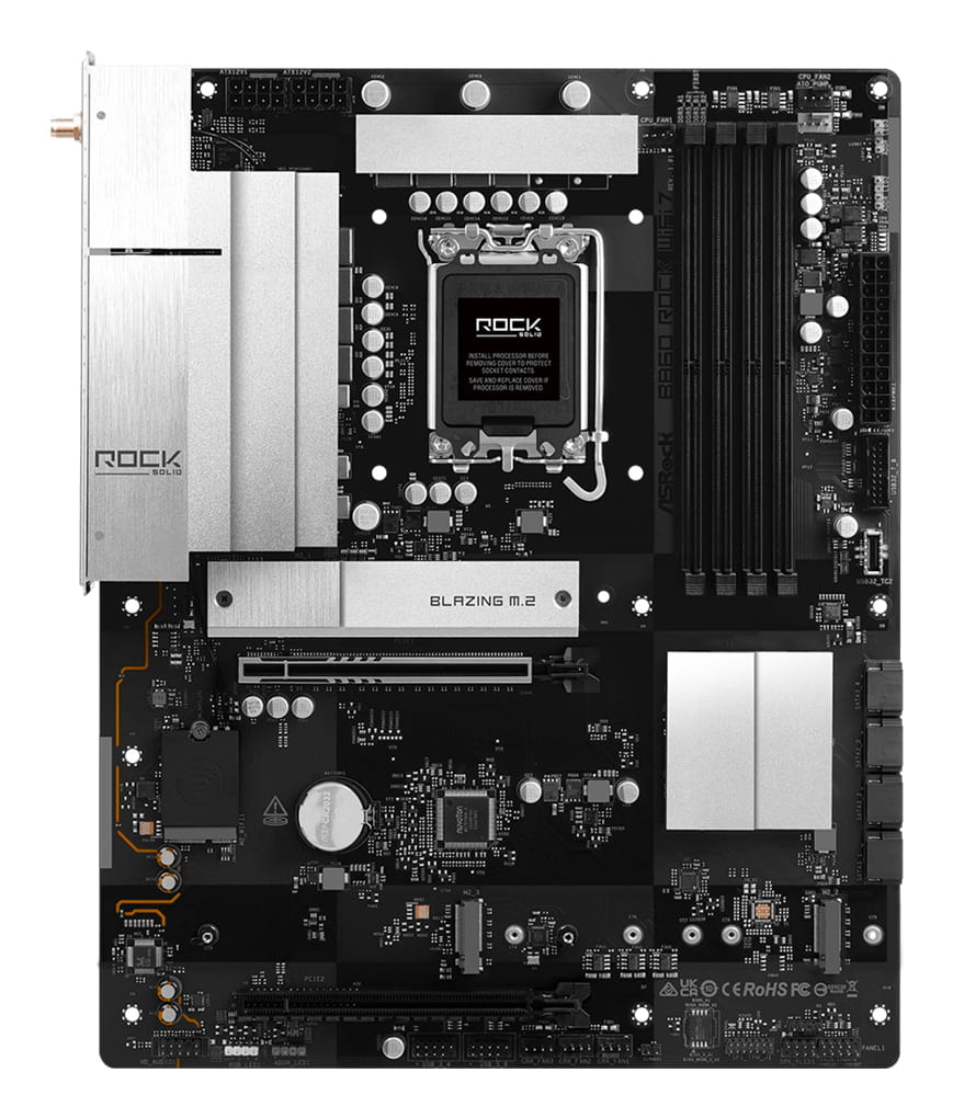 ASRock B860 Rock WiFi 7 - Motherboard - ATX - LGA1851 Sockel - B860 Chipsatz - USB 3.2 Gen 1, USB-C 3.2 Gen 1 - 2.5 Gigabit LAN, Bluetooth, Wi-Fi 7 - Onboard-Grafik (CPU erforderlich)