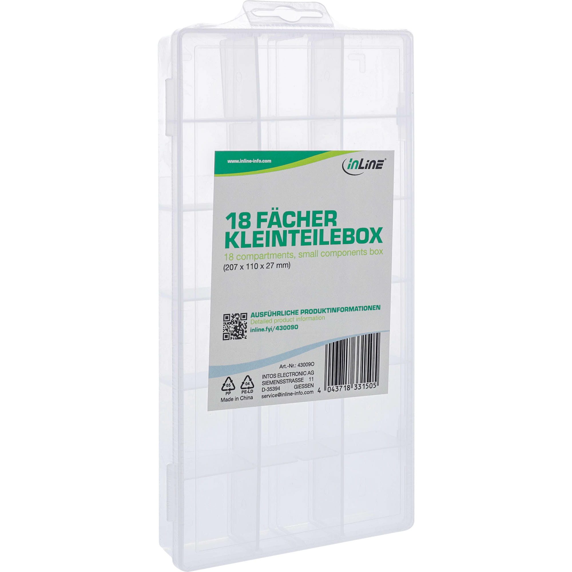 InLine Kleinteilebox - 18 Fächer - Abmessungen: 207x110x27mm - transparent