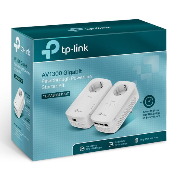 TP-LINK TL-PA8033P KIT - V3 - Starter Kit - Powerline-Adapter-Kit 3-Port-Switch - 1GbE, HomePlug AV (HPAV)