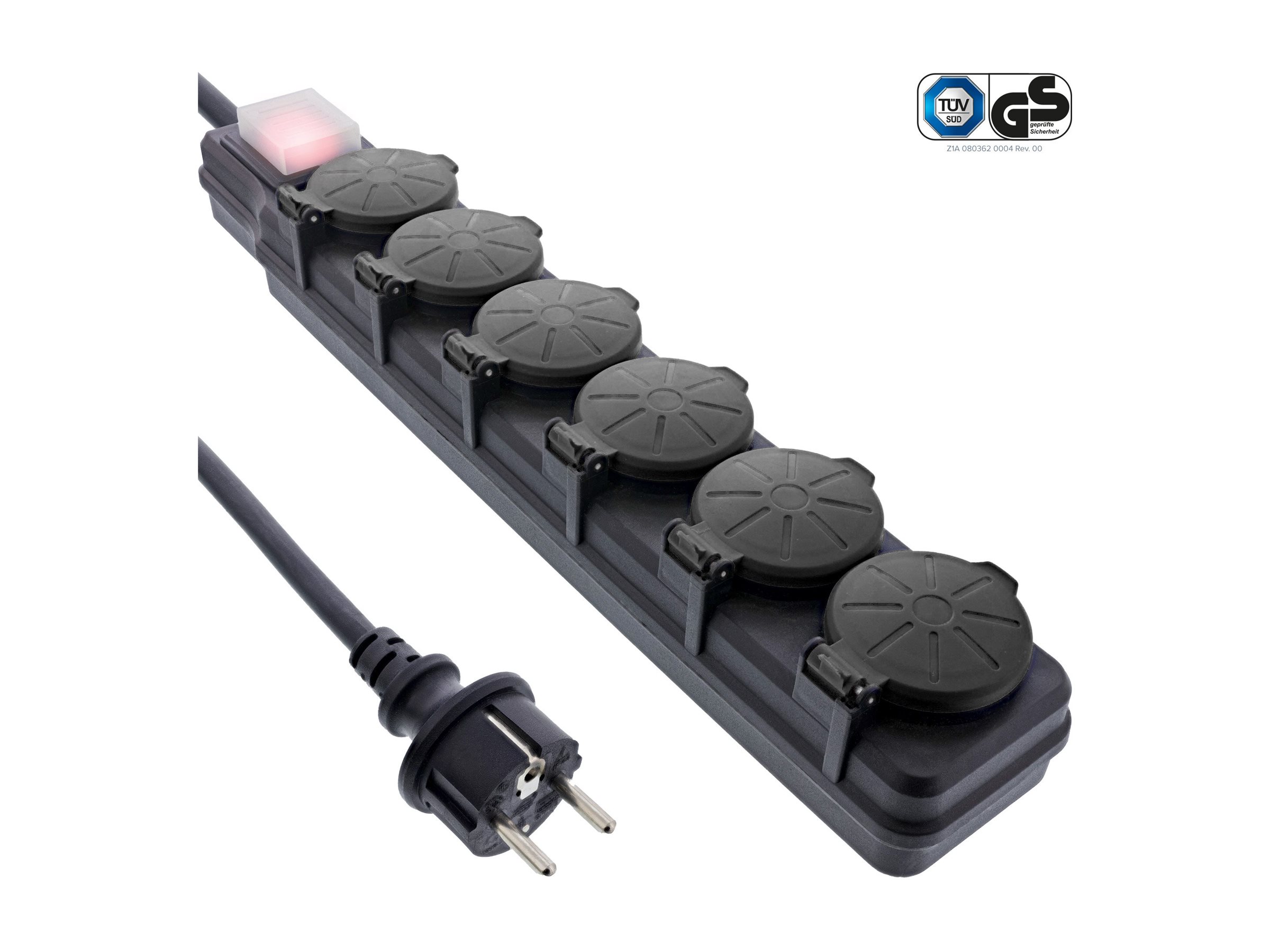 InLine Outdoor-Steckdosenleiste - 6-fach Schutzkontakt - IP44 - mit Schalter - 3m
