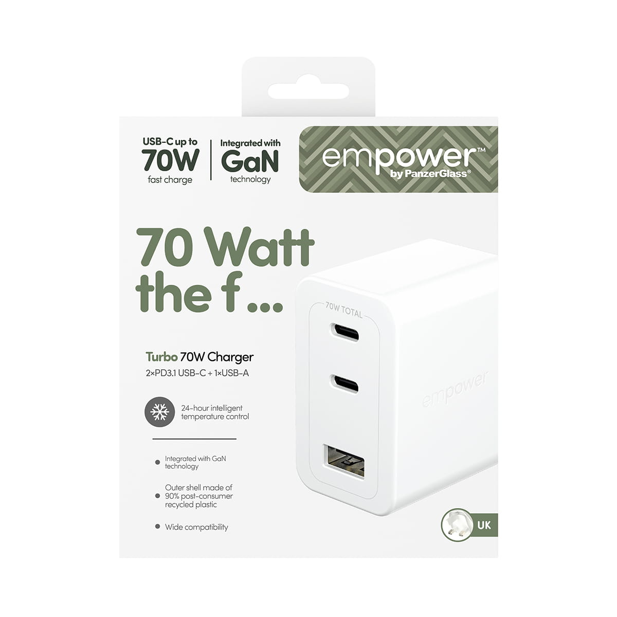 PanzerGlass empower™ by ® Turbo 70W Ladegarät inkl. 2 x USB-C + USB-A | UK Anschluss | Silber Weiß, Weiß