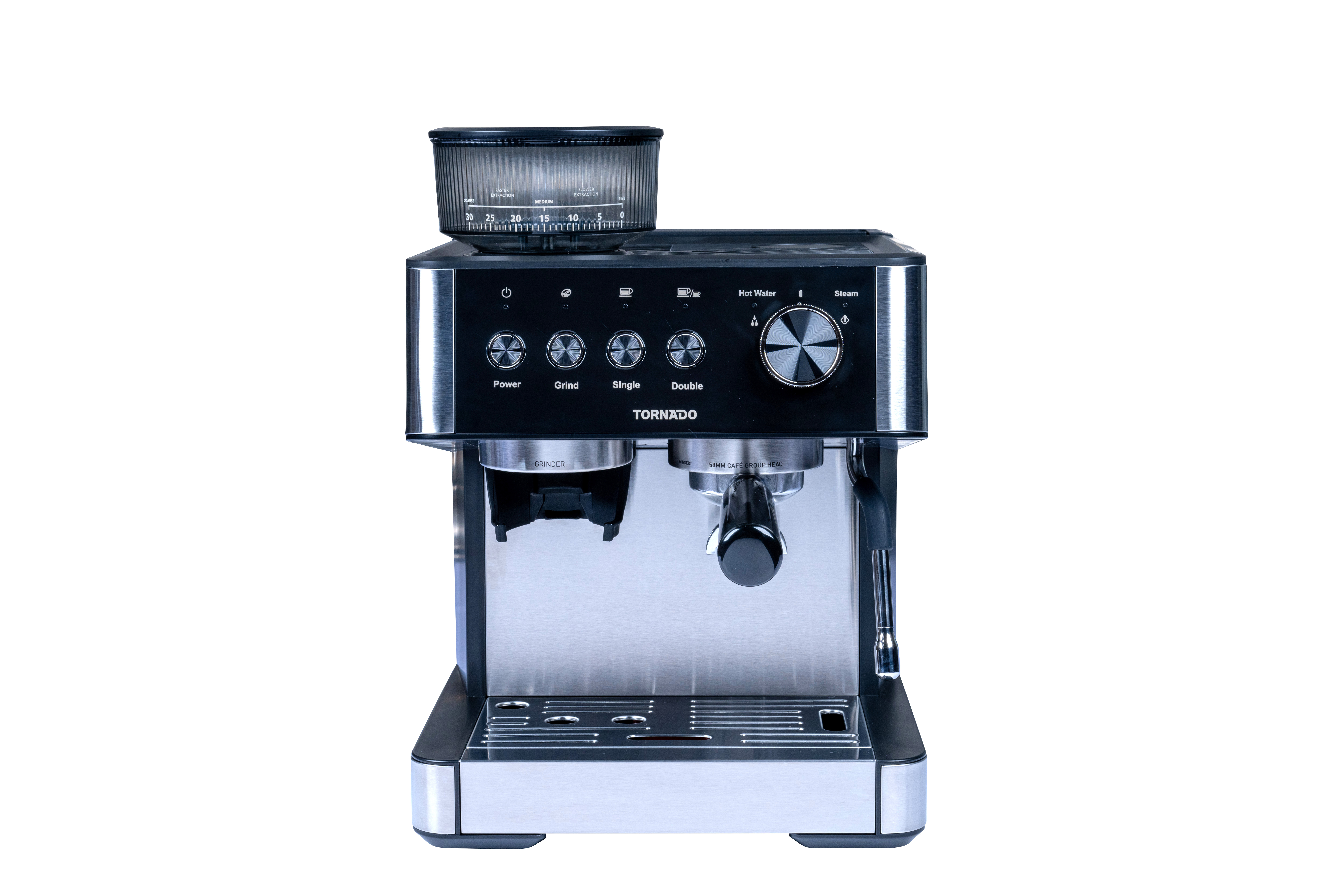 Tornado 20 Bar Siebträger-Kaffeemaschine TCM5431-GS. Ein Kraftpaket an Präzision und Innovation. Mit einer Kapazität von 270 Bohnen und einem 2,3-Liter-Wassertank, Espressomaschine, 2,3 l, Kaffeebohnen, Gemahlener Kaffee, Eingebautes Mahlwerk, Silber