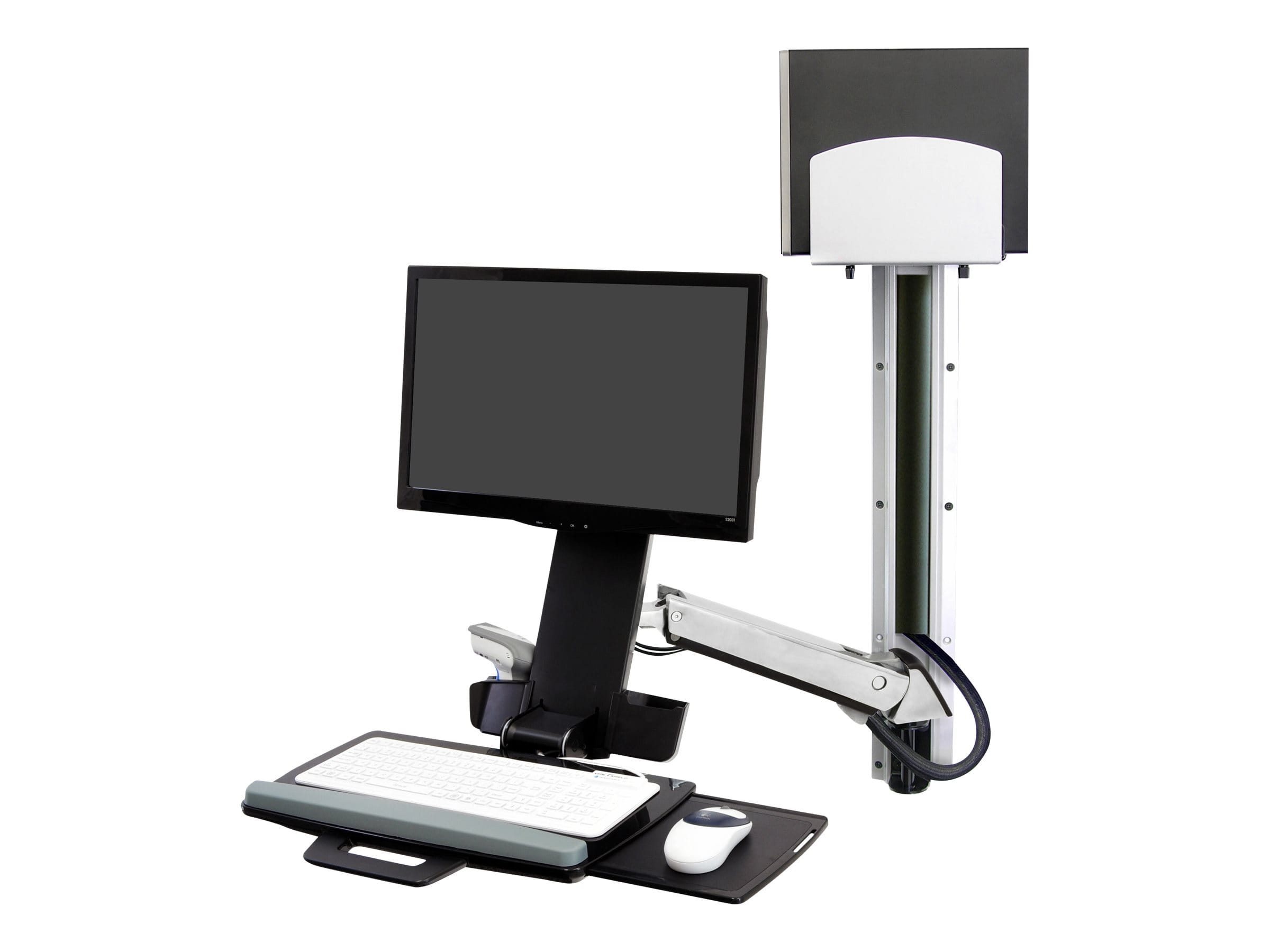 Ergotron Befestigungskit (Griff, Maushalterung, 2 Schienenabdeckungen, 2 Kabelkanäle, Handgelenkkissen, Barcode-Scanner-Halter, CPU Wandhalterung, einstellbarer Monitorarm, Wandschiene 34", Montagesystem mit CPU-Halterung und Armen, Tastaturablage mit l