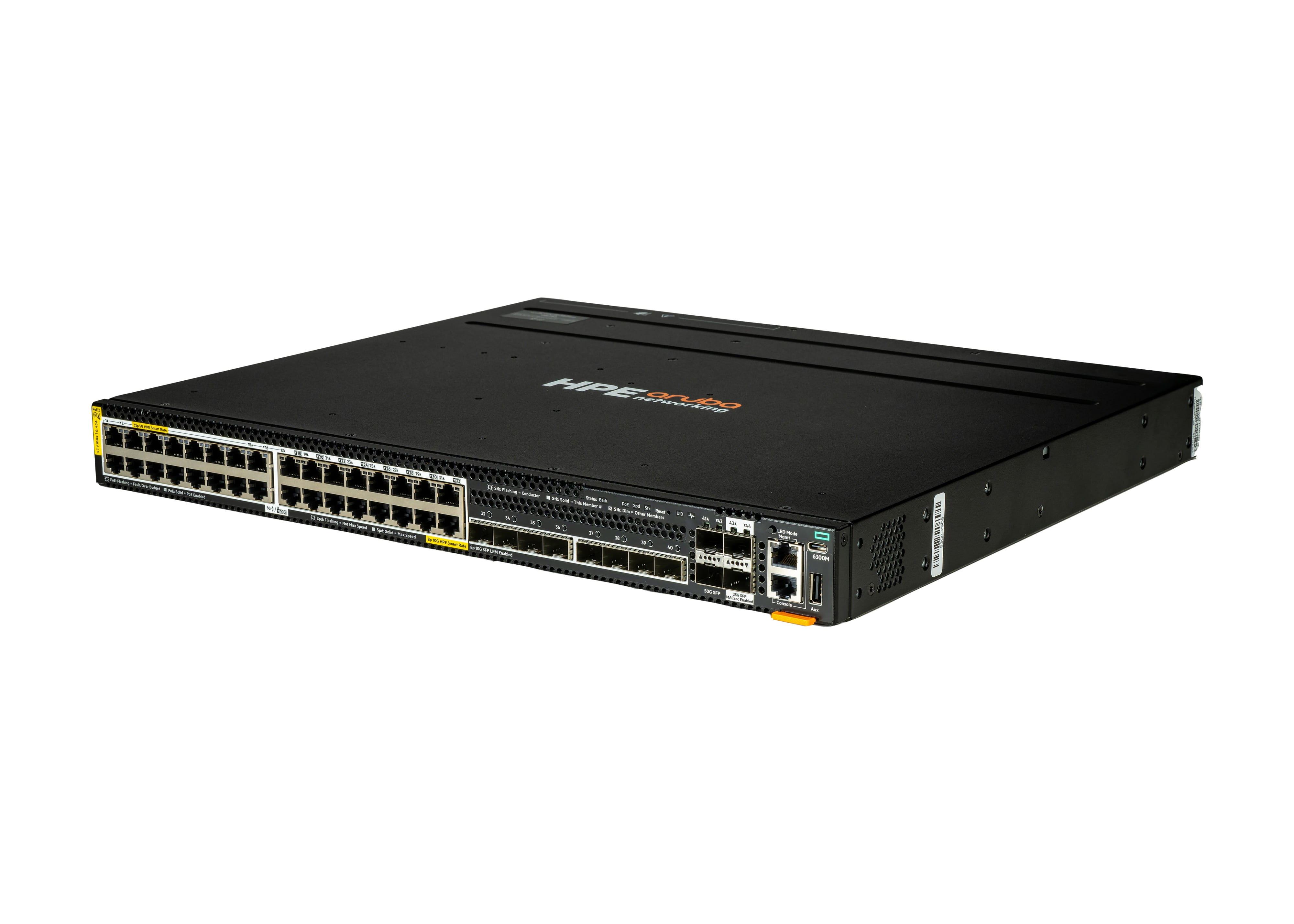 HPE Aruba Networking CX 6300M 32p Smart Rate 5G CL8 8p SFP+ 10G LRM 2p SFP56 50G 2p SFP28 25G MACsec TAA Switch - Switch - L3 - managed - 32 x 1/2.5/5GBase-T (PoE++)