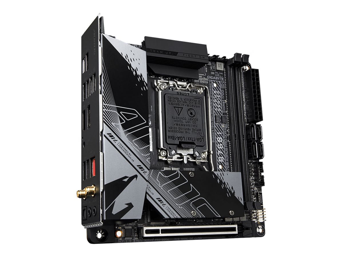 Gigabyte AORUS B760I PRO DDR4 - 1.0 - Motherboard - Mini-ITX - LGA1700-Sockel - B760 Chipsatz - USB-C 3.2 Gen2, USB-C 3.2 Gen 1, USB 3.2 Gen 2, USB 3.2 Gen 1 - 2.5 Gigabit LAN, Wi-Fi 6, Bluetooth - Onboard-Grafik (CPU erforderlich) Gigabyte AORUS B760I PRO DDR4 - 1.0 - Motherboard - Mini-ITX - LGA1700-Sockel - B760 Chipsatz - USB-C 3.2 Gen2, USB-C 3.2 Gen 1, USB 3.2 Gen 2, USB 3.2 Gen 1 - 2.5 Gigabit LAN, Wi-Fi 6, Bluetooth - Onboard-Grafik (CPU erforderlich)