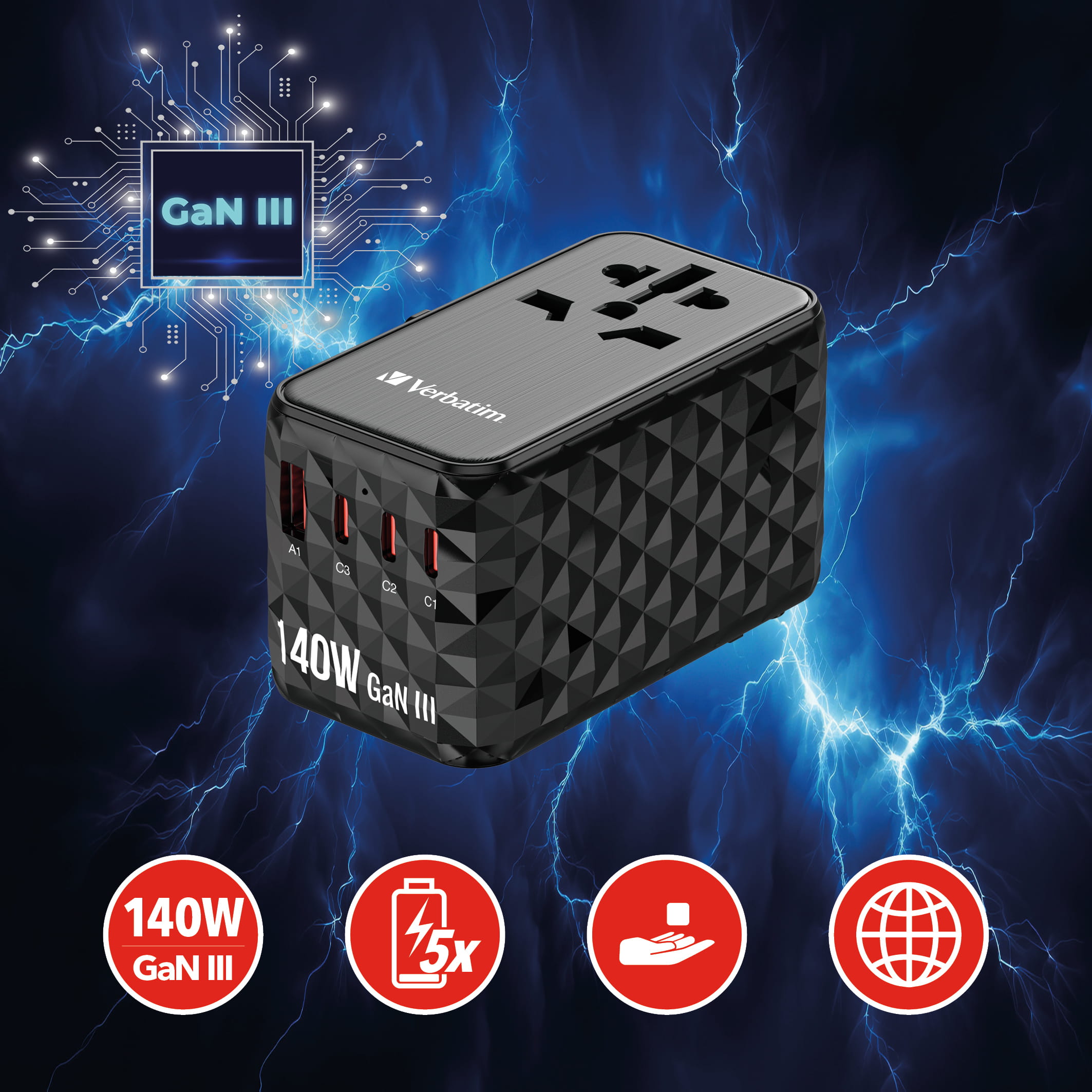 Verbatim UTA-10 - Netzteil - GaN III, universell - 140 Watt - 10 A - Power Delivery 3.1, PD/PPS, QC 3.0, QC 4.0+, Apple Fast Charge, USB BC 1.2, Fast Charge, PD 3.0, Super Charge - 4 Ausgabeanschlussstellen (3 x USB-C, USB)
