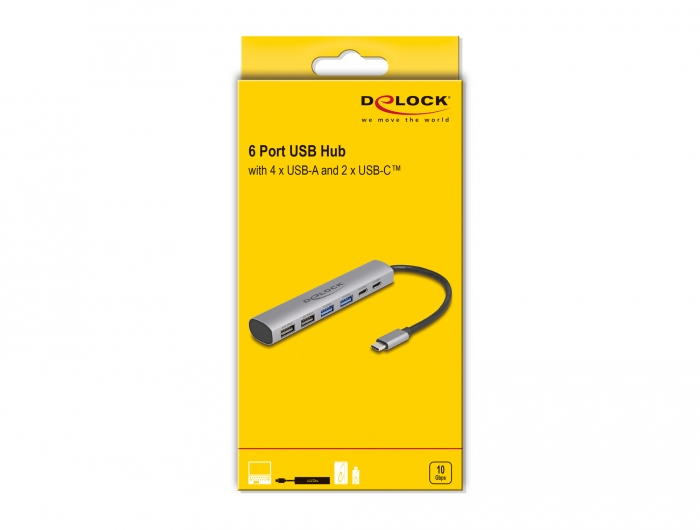 Delock 6 Port USB Hub mit 4 x USB Typ-A Buchse und 2 x USB Type-C Buchse, Kabelgebunden, USB 3.2 Gen 1 (3.1 Gen 1) Type-A + Type-C, Grau, Aluminium, 25 mm, 125 mm