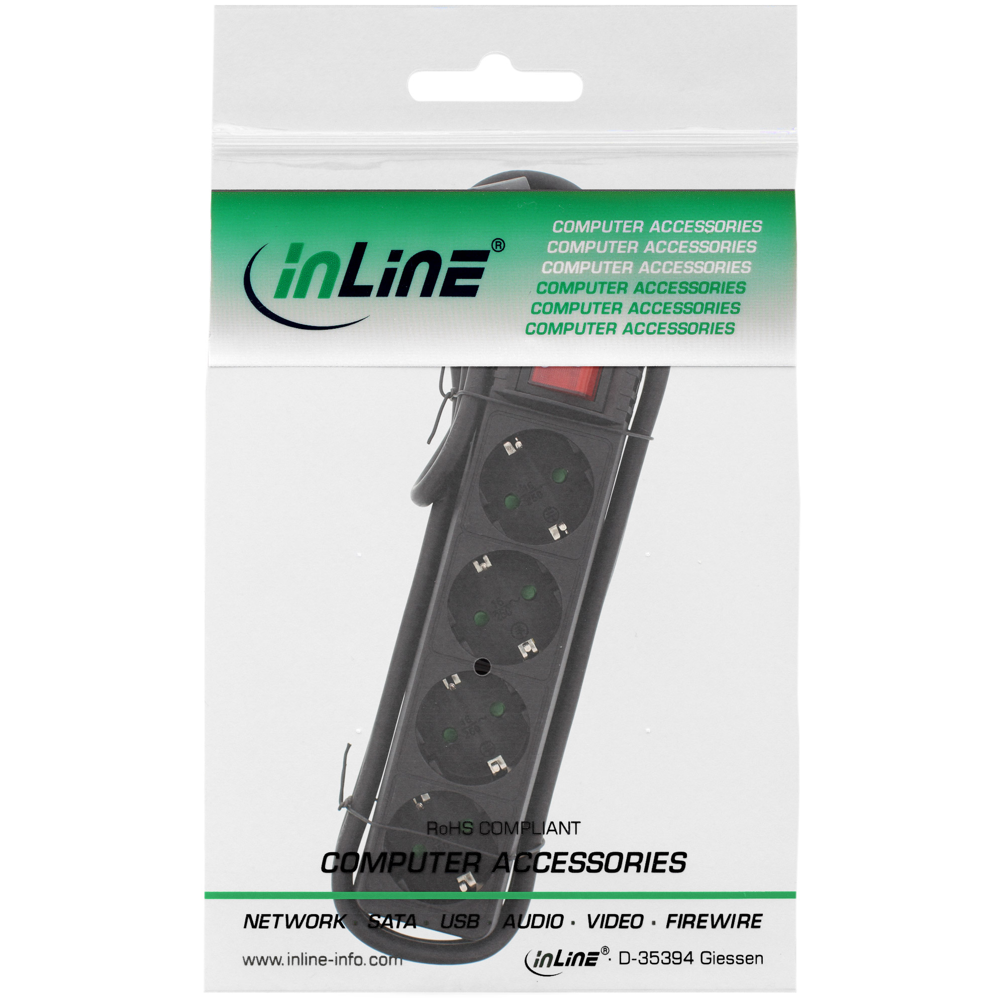InLine Steckdosenleiste - 4-fach Schutzkontakt - mit Schalter - schwarz - 3m