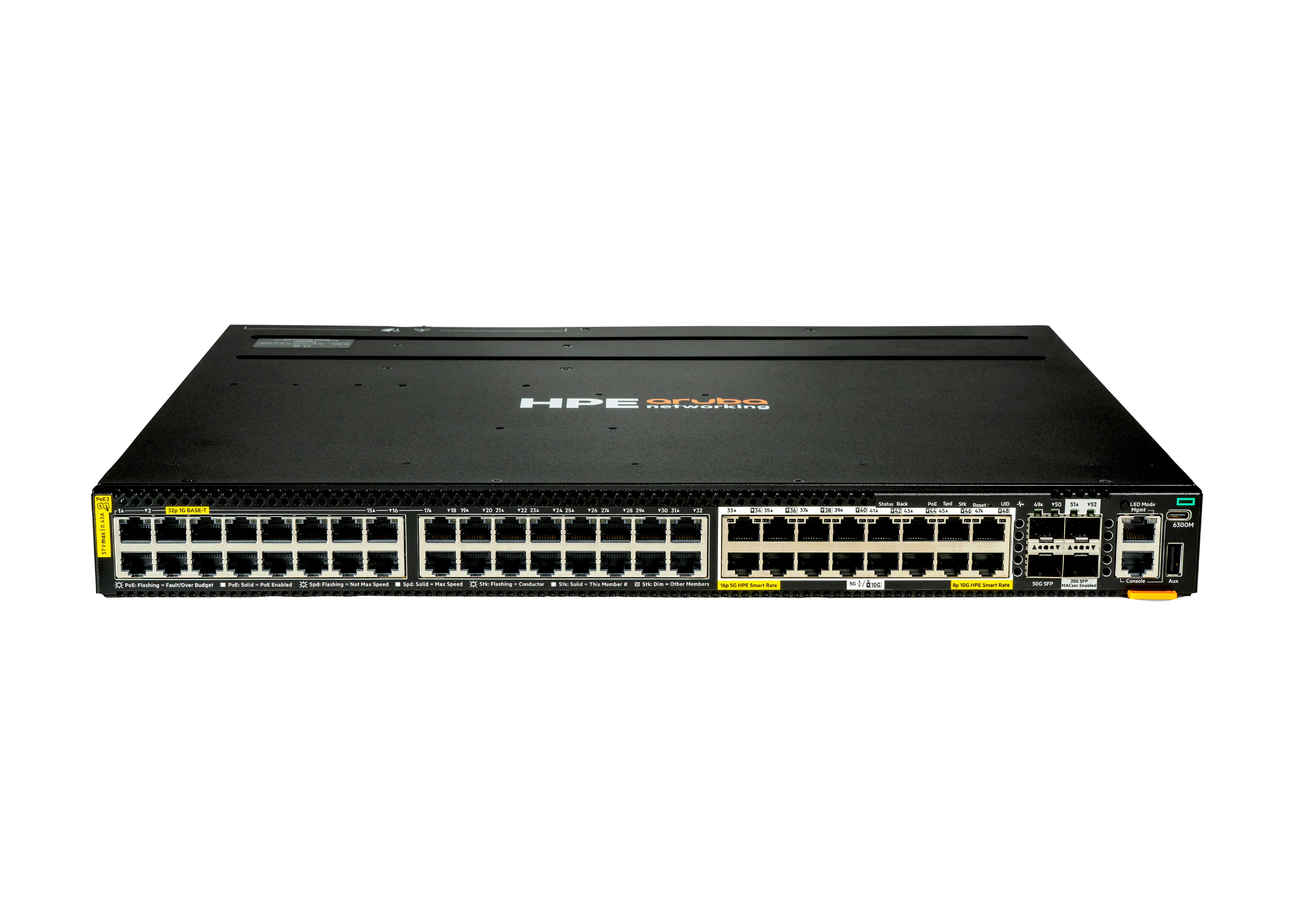HPE Aruba Networking CX 6300M 32p 1G 16p Smart Rate 5G Class8 PoE 2p SFP56 50G 2p SFP28 25G MACsec Switch - Switch - L3 - managed - 32 x 10/100/1000 (PoE++)