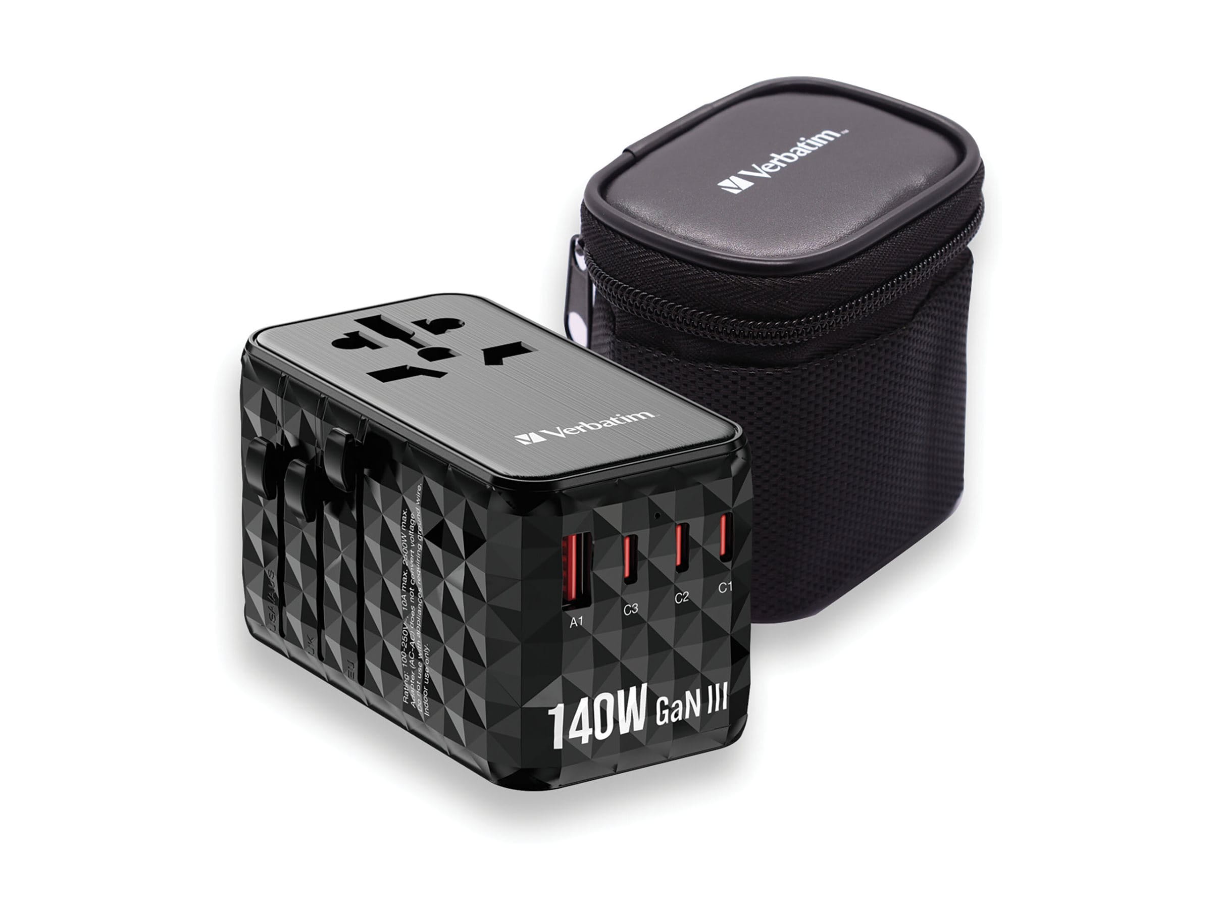 Verbatim UTA-10 - Netzteil - GaN III, universell - 140 Watt - 10 A - Power Delivery 3.1, PD/PPS, QC 3.0, QC 4.0+, Apple Fast Charge, USB BC 1.2, Fast Charge, PD 3.0, Super Charge - 4 Ausgabeanschlussstellen (3 x USB-C, USB)