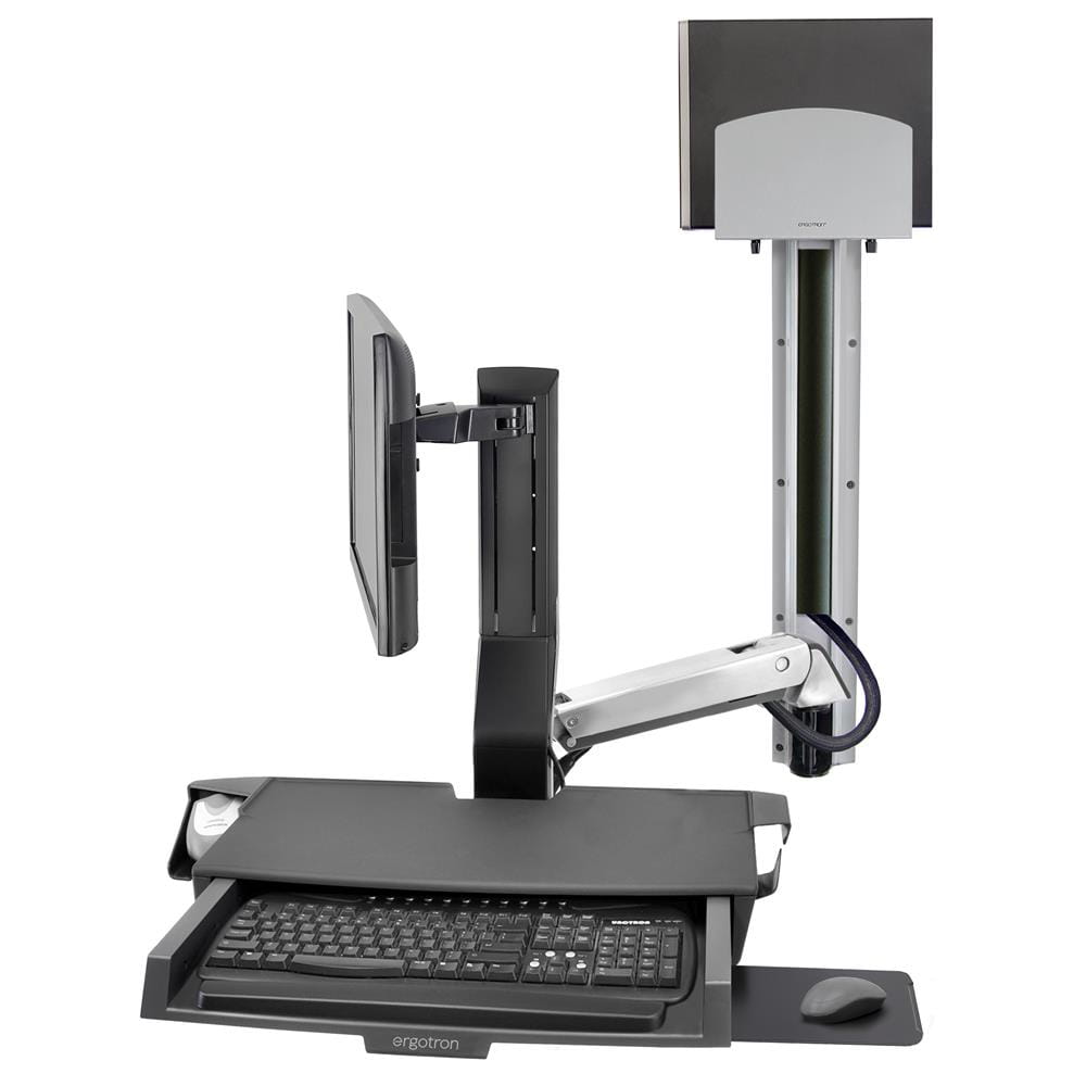 Ergotron SV Combo System with Worksurface & Pan, Medium CPU Holder - Befestigungskit (CPU-Halter, Handgelenkkissen, Wandmontagehalterung, Schienenmontage Halterungsset, Mausablage zum Herausziehen, Monitorhalterung, Ablage für Barcode-Scanner und Maus, 