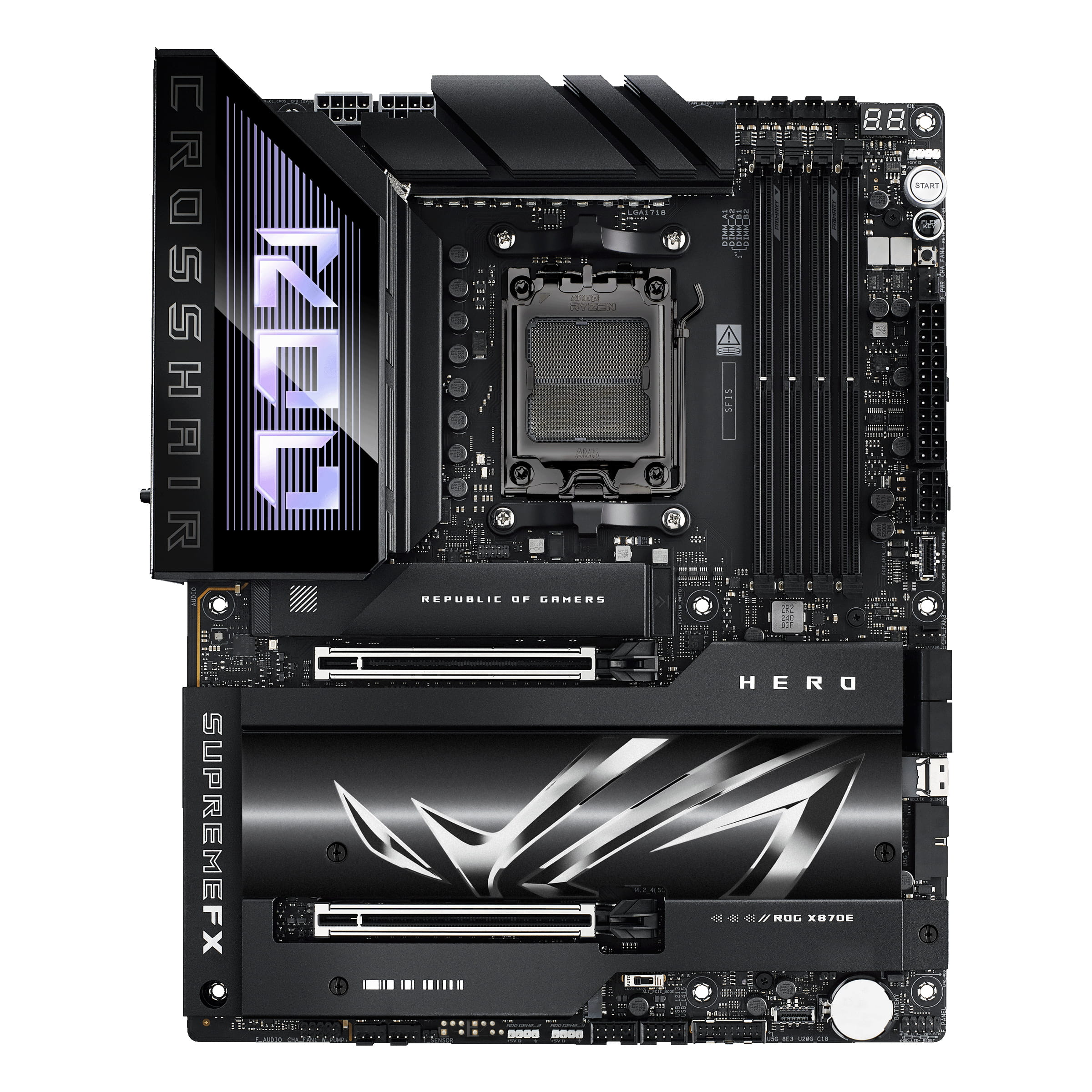 ASUS ROG CROSSHAIR X870E HERO - Motherboard - ATX - Socket AM5 - AMD X870E Chipsatz - USB4, USB 3.2 Gen 2, USB-C 3.2 Gen2, USB 3.2 Gen 1, USB-C 3.2 Gen 2x2 - Wi-Fi 7, Bluetooth, 5 Gigabit Ethernet - Onboard-Grafik (CPU erforderlich)