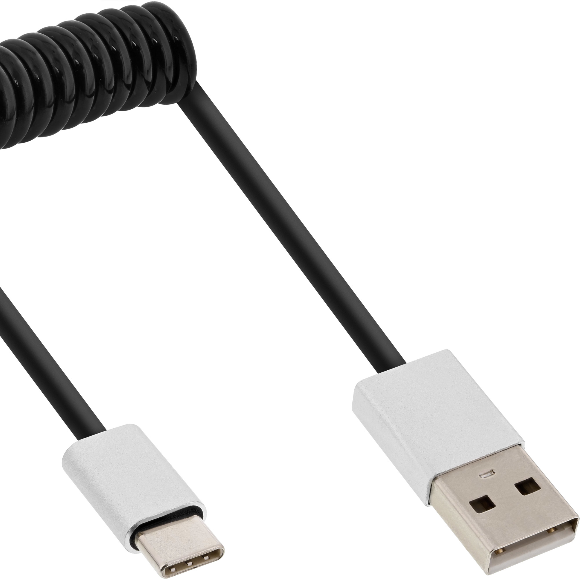 InLine USB 2.0 Spiralkabel - USB-C ST an A ST - schwarz/Alu - flexibel - 0,5m
