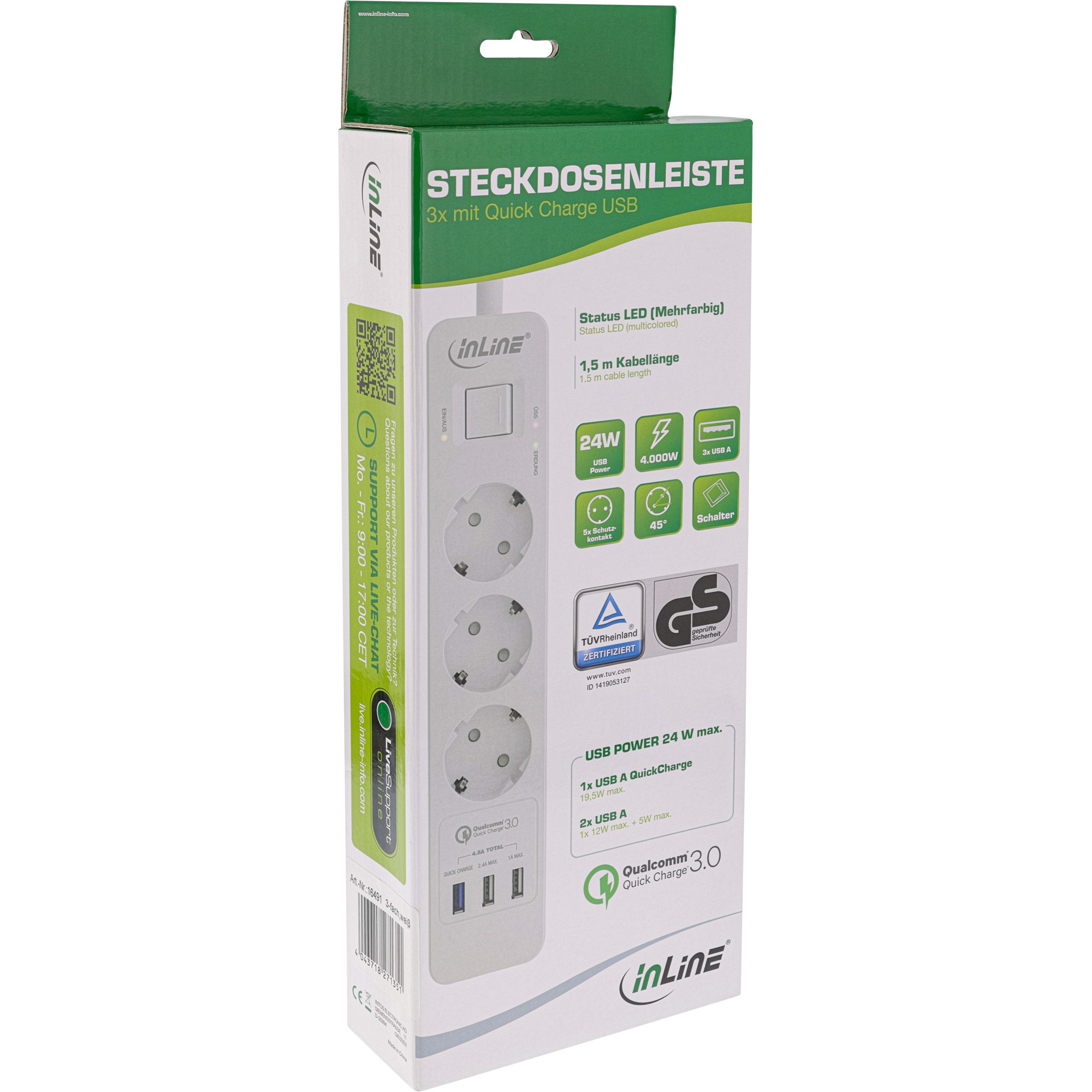 InLine Steckdosenleiste - 3-fach Schutzkontakt - ÜSS und QC3.0 - weiß InLine Steckdosenleiste - 3-fach Schutzkontakt - ÜSS und QC3.0 - weiß