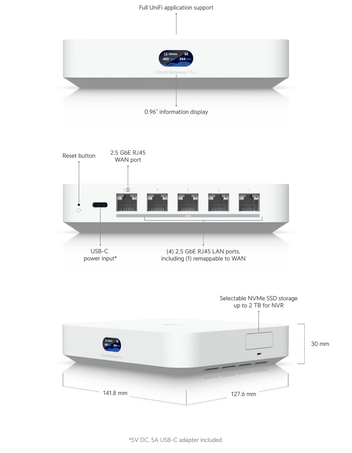 Ubiquiti Cloud Gateway Max, Weiß, Polycarbonat (PC), Aktivität, LAN, LCM, ARM, ARM Cortex
