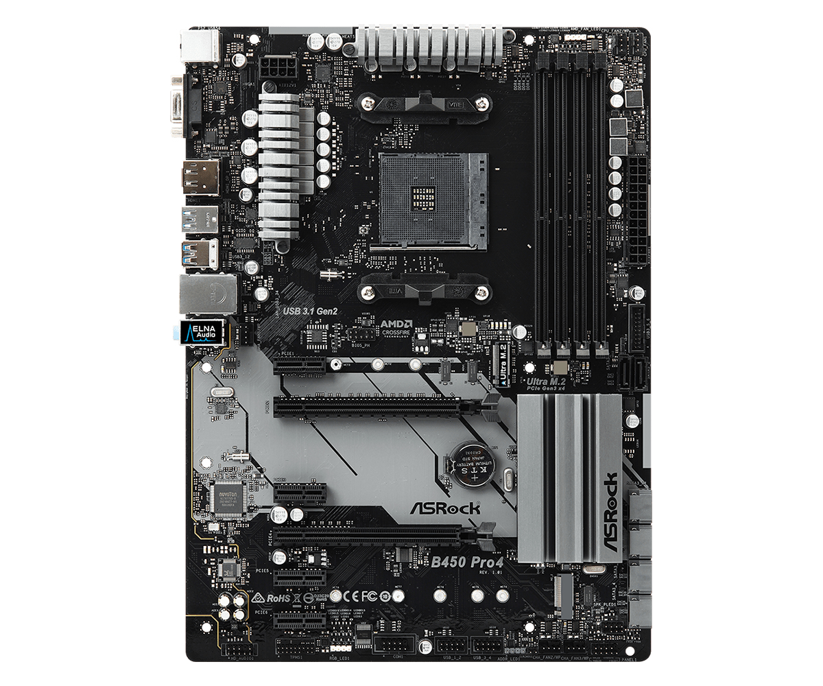 ASRock B450 Pro4, AMD, Sockel AM4, AMD Athlon, AMD Ryzen 2000 Series, AMD Ryzen 3000 Series, Sockel AM4, DDR4-SDRAM, 128 GB
