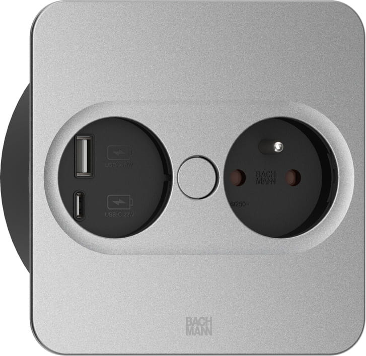 Bachmann 946.015, Type E + USB A + USB C, Desktop eingebettet, 4 cm, Tisch/Bank, Edelstahl, Metall, Kunststoff