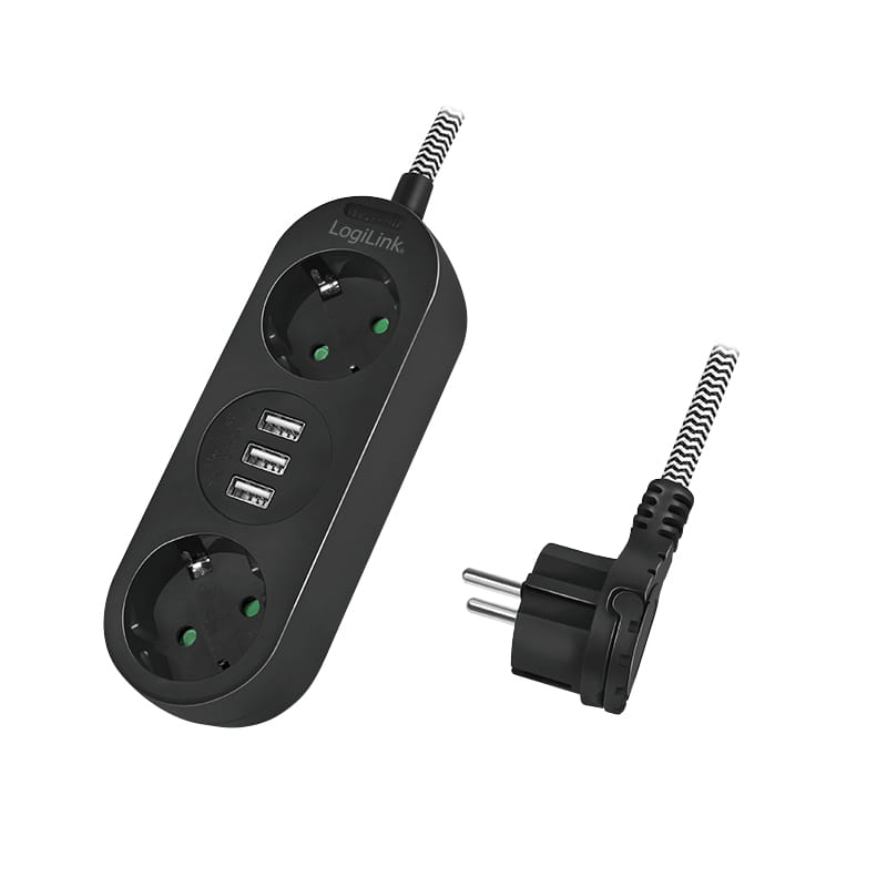 LogiLink Steckdosenleiste - Wechselstrom 250 V - 3680 Watt - Ausgangsanschlüsse: 2 (2 x CEE 7/3, 3 x USB Typ A)
