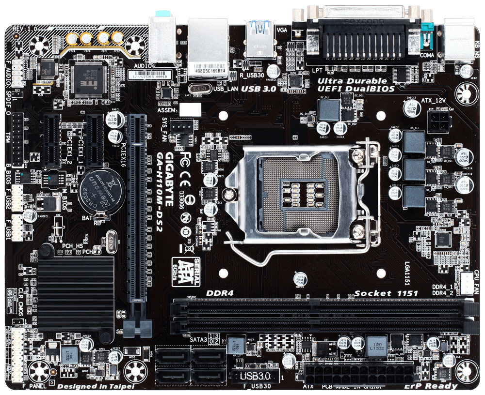 Gigabyte GA-H110M-DS2 - 1.0 - Motherboard - micro ATX - LGA1151 Socket - H110 Chipsatz - USB 3.0 - Gigabit LAN - Onboard-Grafik (CPU erforderlich)