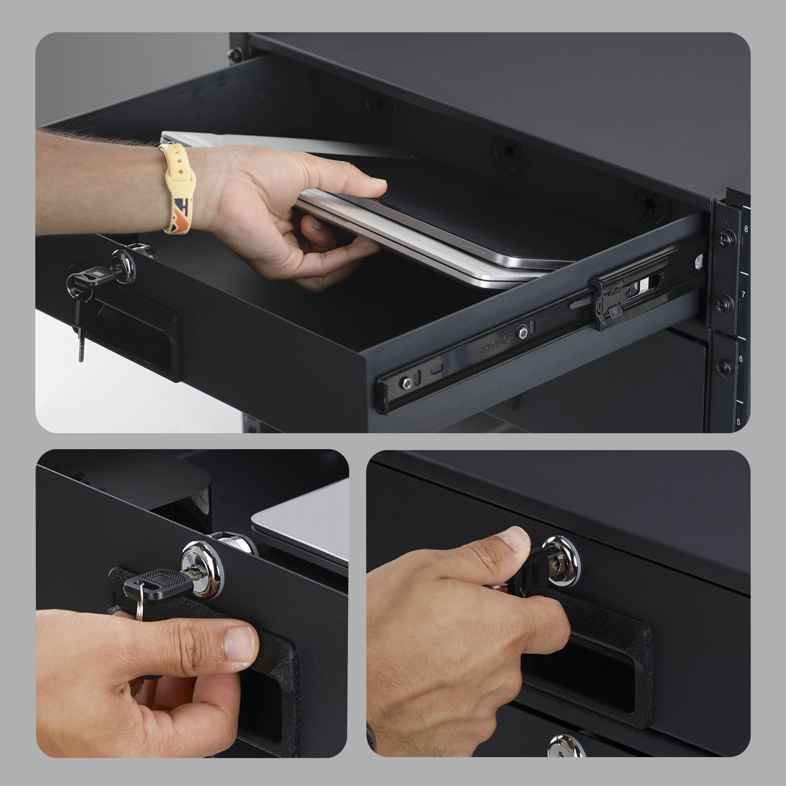 StarTech.com Startech - Rack Storage Drawer - rear cable pass-through holes, keys included, lockable, steel, 10 kg capacity - Vorderseite - Schrankmontage, Rack montierbar - Schwarz - 2U - 48.3 cm (19")