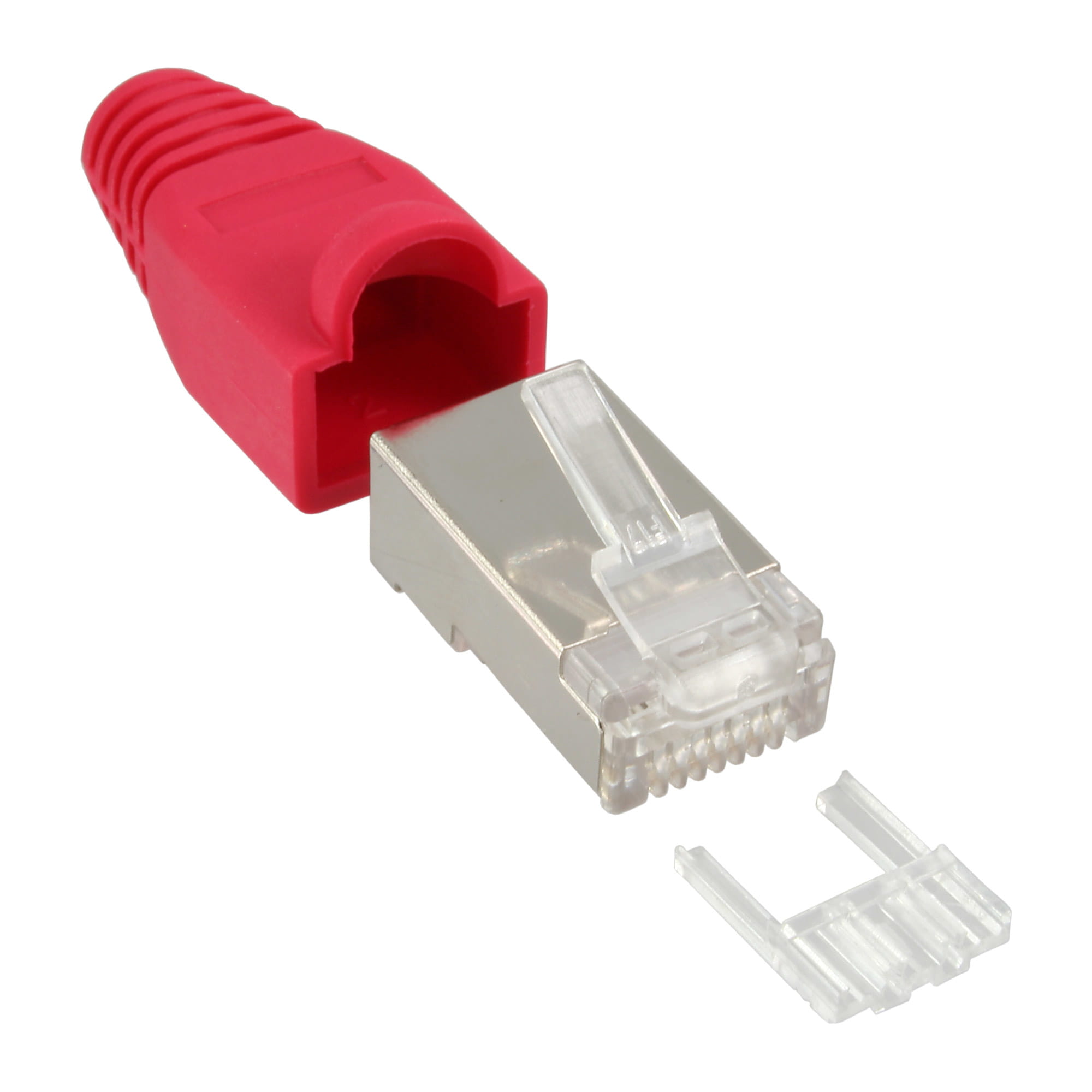 InLine Crimpstecker RJ45 geschirmt - Knickschutz rot & Einfädelhilfe - 10er Pack