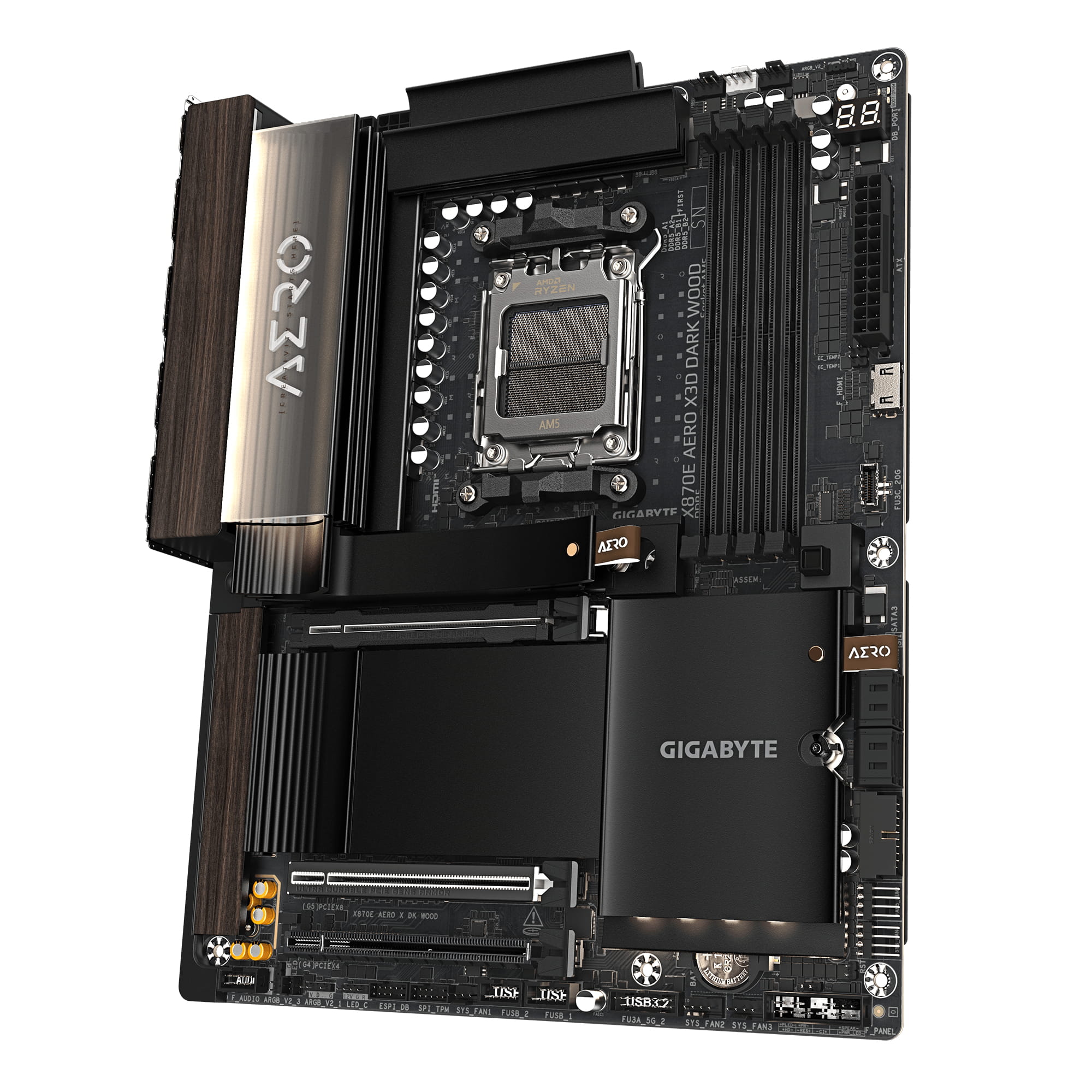 Gigabyte X870E AERO X3D DARK WOOD - Motherboard - ATX - Socket AM5 - AMD X870E Chipsatz - USB-C 3.2 Gen 2x2, USB 3.2 Gen 1, USB4, USB 3.2 Gen 2 - 2 x 5 Gigabit LAN, Wi-Fi 7, Bluetooth - Onboard-Grafik (CPU erforderlich)