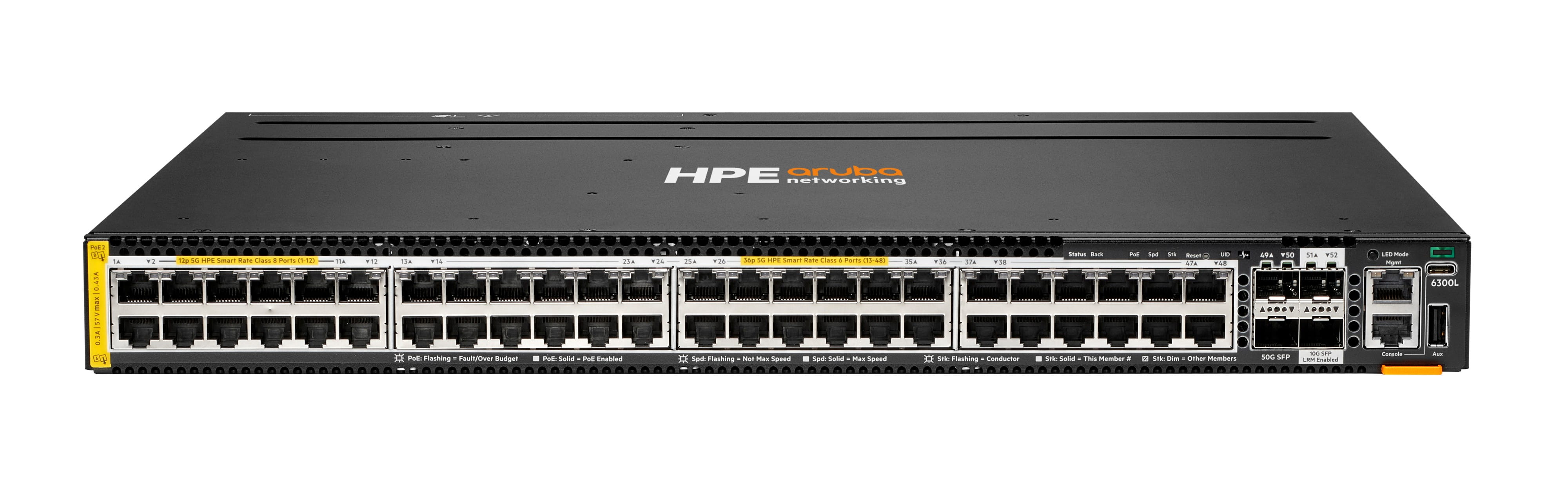 HPE Aruba Networking CX 6300L 48p Smart Rate 1G/2.5G/5G Class8/6 PoE 2p 50G and 2p 10G LRM L2 Switch - Switch - L3 - 48 x 1/2.5/5GBase-T (PoE++)