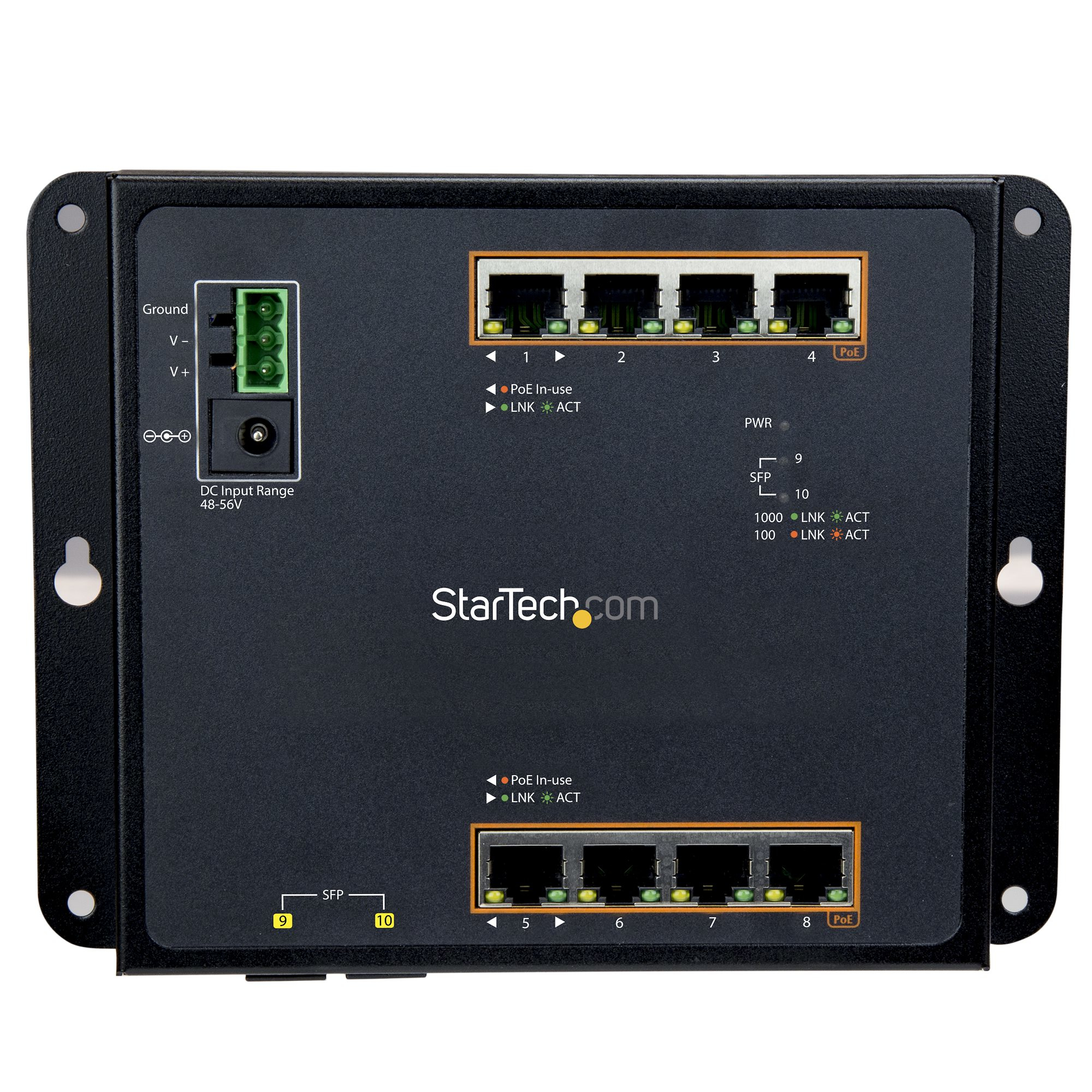 StarTech.com 8 Port PoE+ Gigabit Ethernet Switch plus 2 SFP Ports - Industrieller Managed Gigabit Switch - Wandmontage mit Front Zugriff - Switch - managed - 8 x 10/100/1000 (PoE+)