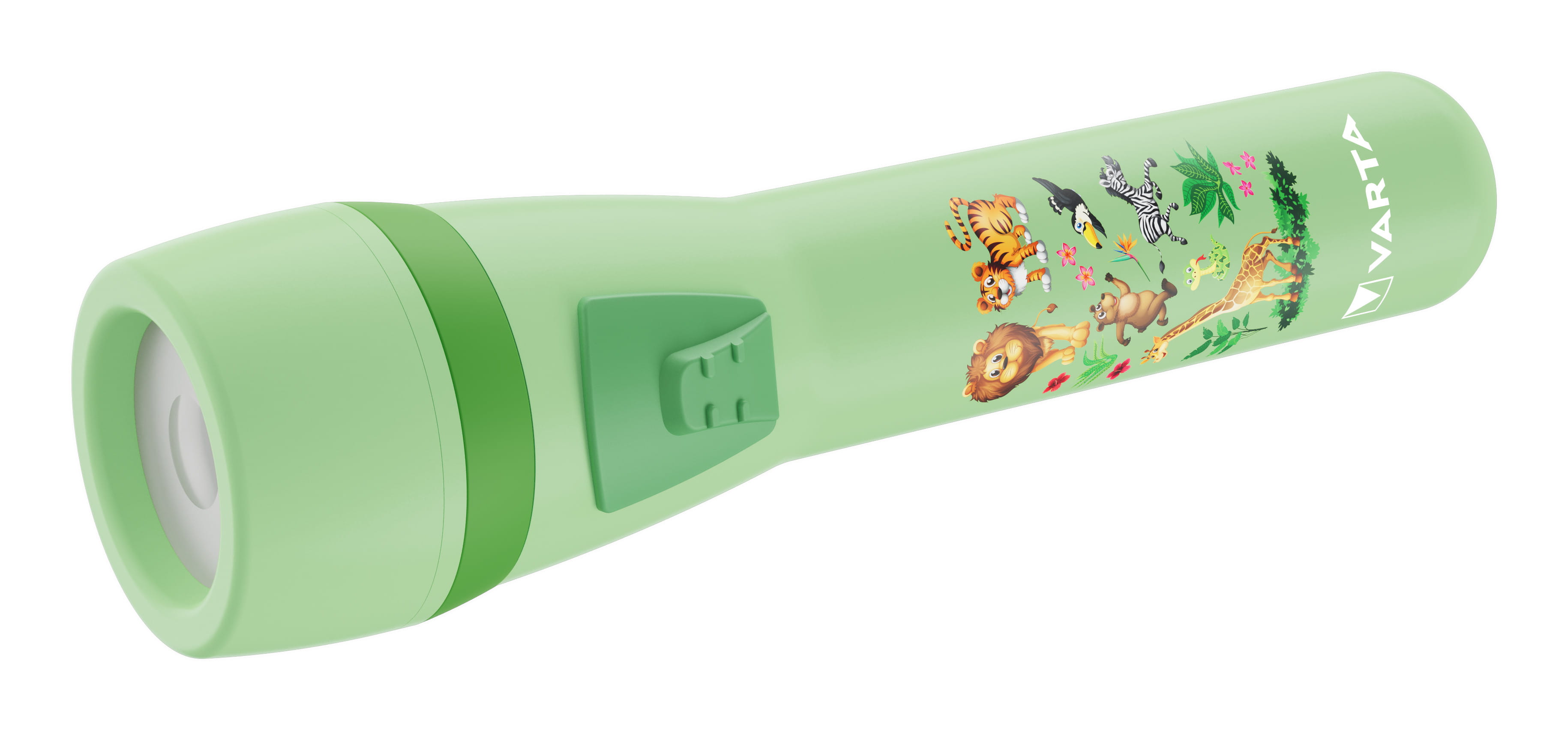 Varta Taschenlampe für Kinder inkl. 2x AA Batterien, Kids Leuchte, kleine Kindertaschenlampe Dschungel Design mit Tieren, Taschenleuchte, grün, Taschenlampe, Hellgrün, Acrylnitril-Butadien-Styrol (ABS), Polycarbonat (PC), Thermoplast, 1 m, 4 m, AA