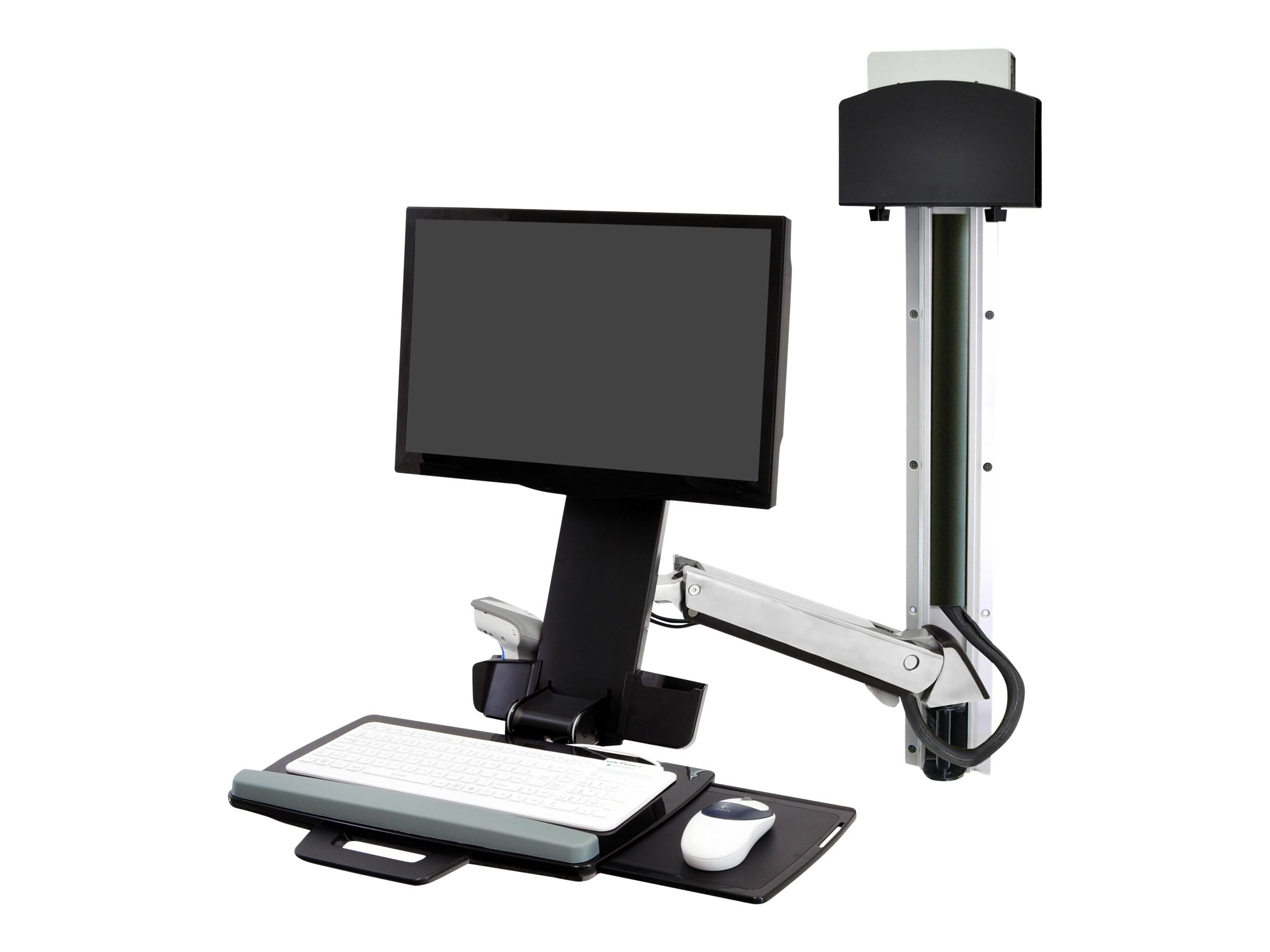 Ergotron Sit-Stand Combo System Mit CPU-Halter klein - Befestigungskit (CPU-Halter, 2 Schienenabdeckungen, 2 Kabelkanäle, Handgelenkkissen, einstellbarer Monitorarm, VESA-Halterung, Wandschiene 34", Montagesystem mit CPU-Halterung und Armen, Tastaturabl