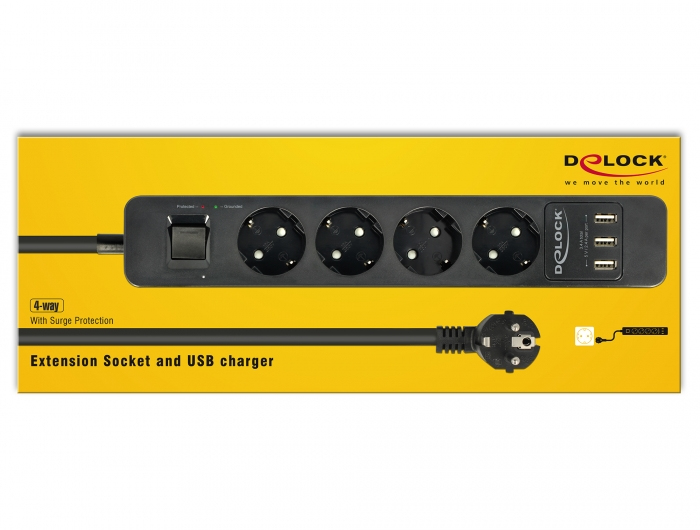 Delock Extension Socket - Steckdosenleiste - Wechselstrom 250 V - 4000 Watt - Eingabe, Eingang power CEE 7/7 - Ausgangsanschlüsse: 4 (3 x USB Typ A, 4 x CEE 7/3)