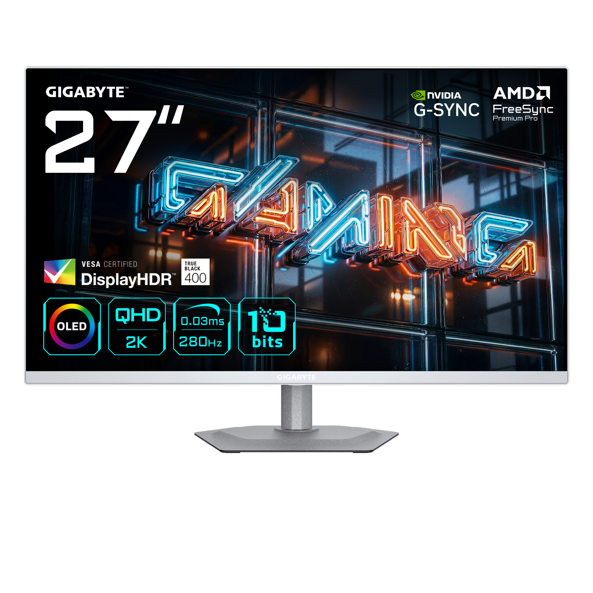 Gigabyte MO27Q2A ICE 27” OLED 2K QHD Gaming-Monitor - 2560 x 1440, 280Hz, 0.03ms, 250 cd/m², FreeSync Premium Pro, DisplayHDR True Black 400, HDMI 2.1, DisplayPort 1.4, 68,6 cm (27"), 2560 x 1440 Pixel, Quad HD, QD-OLED, 0,03 ms, Weiß