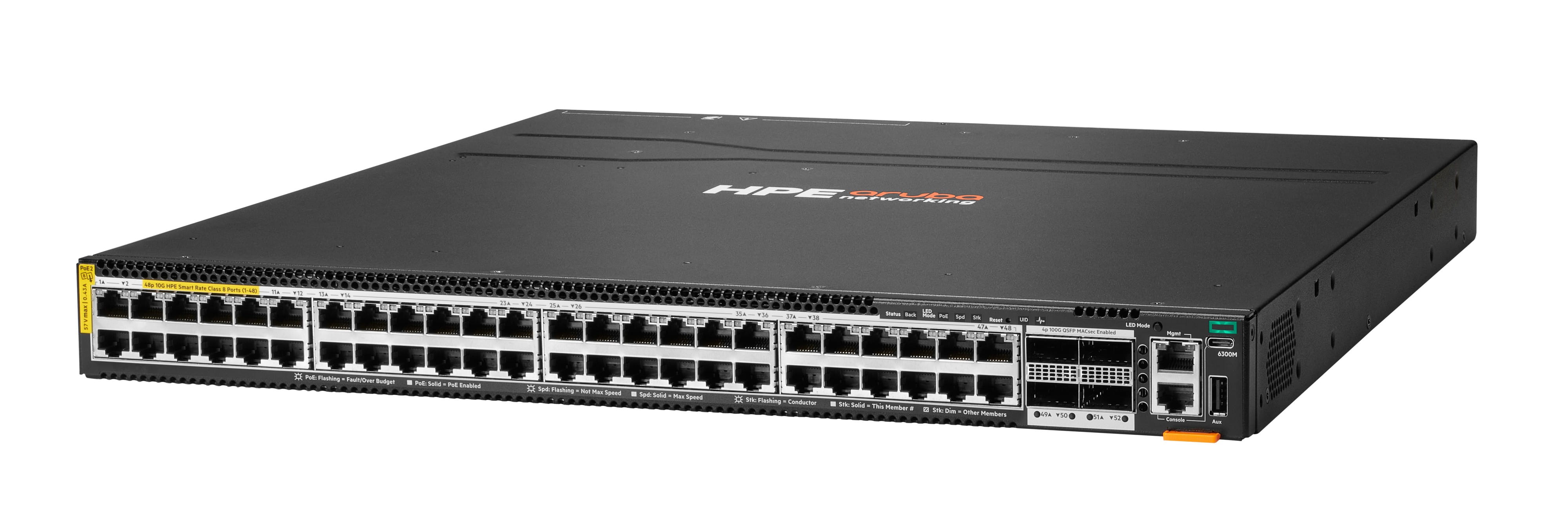 HPE Aruba Networking CX 6300M 48p SR10 1G/2.5G/5G/10G PTP/AVB Class8 PoE 4p 100G MACsec Switch - Switch - nur horizontale Oberflächenmontage - L3 - managed - 48 x 100/1000/2.5G/5G/10GBase-T (PoE++)