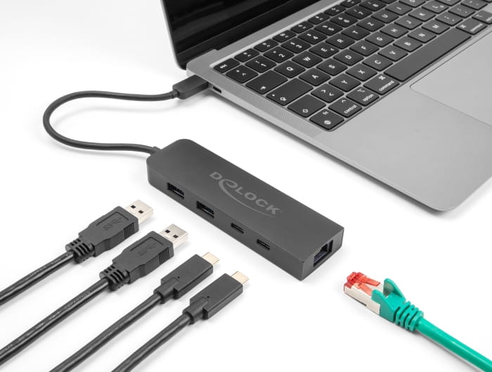 Delock Hub - 1 x USB-C 3.2 Gen 2 + 1 x 100/1000/2.5G + 1 x USB-C 3.2 Gen 2 (Stromversorgung)