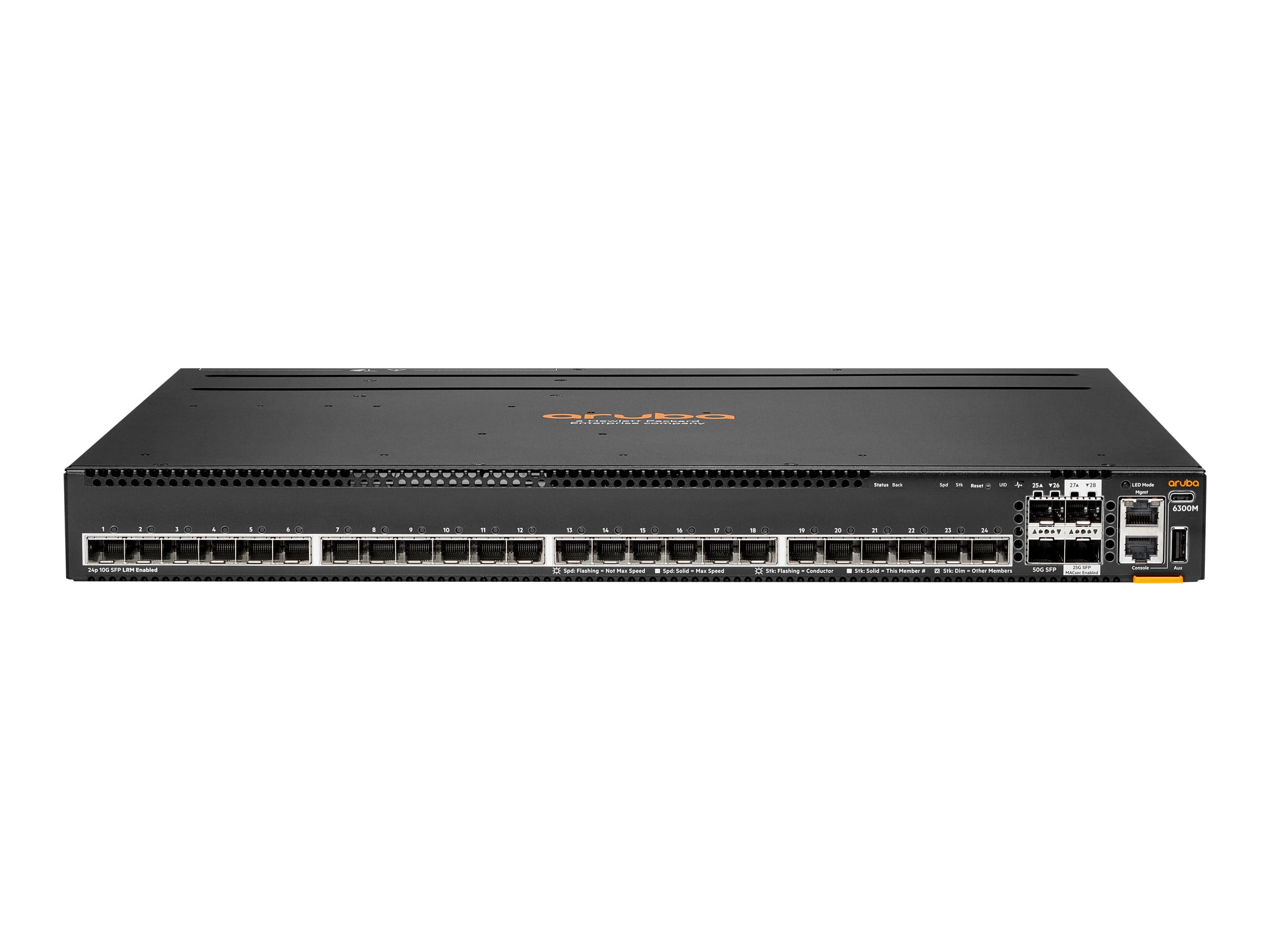 HPE Aruba Networking 6300M 24p SFP+ LRM support and 2p 50G and 2p 25G MACsec Switch - Switch - L3 - managed - 24 x 1 Gigabit / 10 Gigabit SFP+ + 2 x 1 Gigabit / 10 Gigabit / 25 Gigabit / 50 Gigabit SFP56 (Uplink / Stacking)