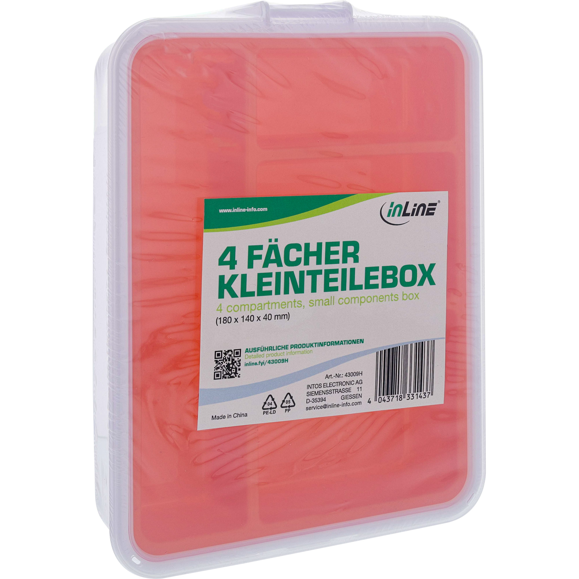 InLine Kleinteilebox - 4 Fächer - Abmessungen: 180x140x40mm - orange