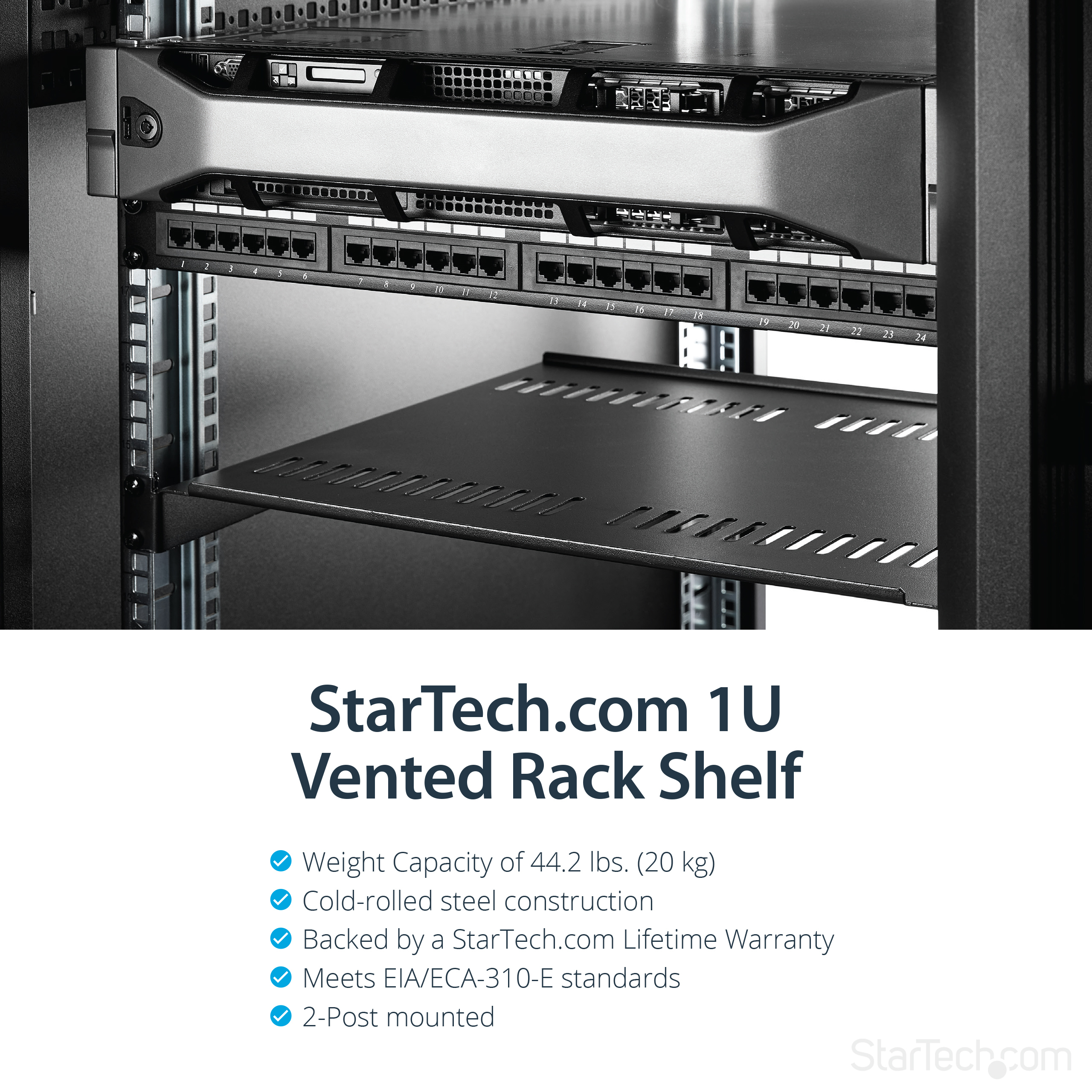 StarTech.com Startech Belüfteter Server Rack Fachboden 1 HE - 40,6 cm Tief - Stahl - Rack - Regal - Schwarz - 1U - 40.6 cm (16")