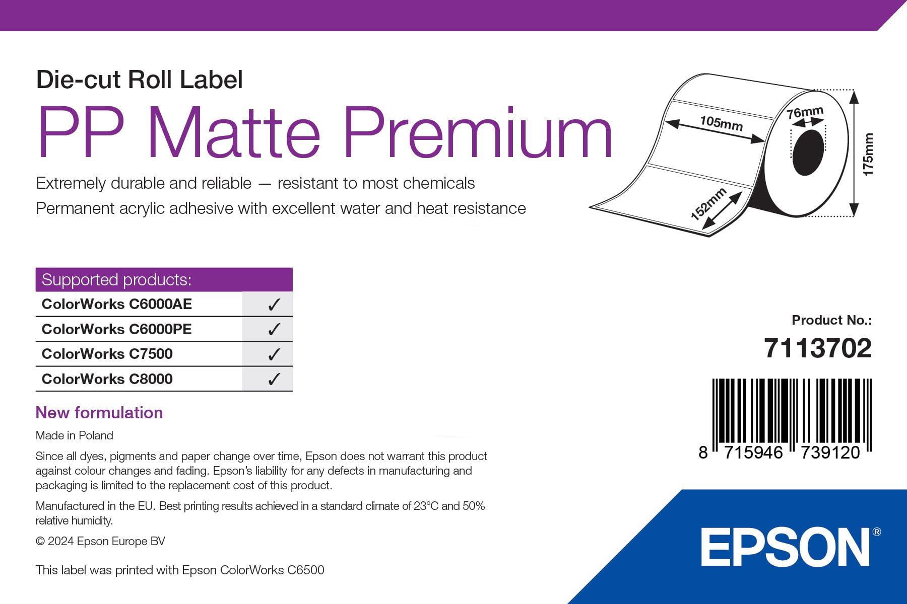 Epson Premium - Polypropylen (PP) - matt - permanenter Acrylklebstoff - 105 x 152 mm 800 Etikett(en) (1 Rolle(n)